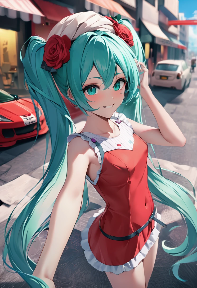 ((top quality, 8 k, masterpiece: 1.3)), 1 girl, slender beauty: 1.3, (Long hair: 1.2), flower dress, Long legs: 1.1, Very thin face, beautiful eyes, outdoors, masterpiece, best quality, HD, Vocaloid, Miku, sea green hair, sea green eyes, Long hair, two ponytails, goodsmile racing, tan, hat on head, , life, navel, looks at the viewer, on the street, wide smile, disturbance, Beautiful expressive eyes