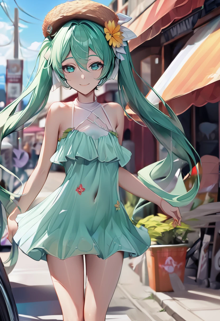 ((top quality, 8 k, masterpiece: 1.3)), 1 girl, slender beauty: 1.3, (Long hair: 1.2), flower dress, Long legs: 1.1, Very thin face, beautiful eyes, outdoors, masterpiece, best quality, HD, Vocaloid, Miku, sea green hair, sea green eyes, Long hair, two ponytails, goodsmile racing, tan, hat on head, , life, navel, looks at the viewer, on the street, wide smile, disturbance, Beautiful expressive eyes