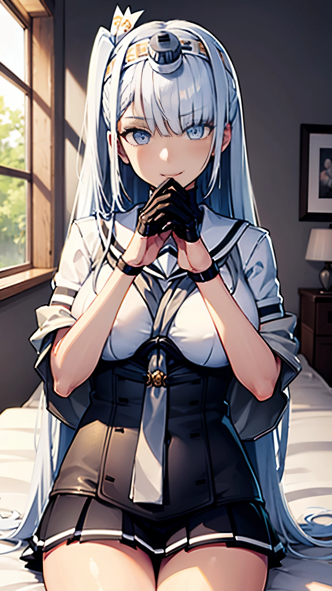 (Super detailed), masterpiece, (Best Quality), Realistic,　Detailed eyes, Detailed face　Detailed hands　Fine hair　Kantai Collection_Winter Moon　fuyutsuki \(kancolle\)　Pleated skirt Sailor suit, Grey neckerchief, Headband, White sailor collar, Black gloves, 白のHeadband, Half Gloves, (Big Breasts), Grey Hair, Micro Skirt, Short sleeve, Black knee-highs　Cowboy Shot　Sit on the bed　Fluttering skirt　View here　A peaceful expression