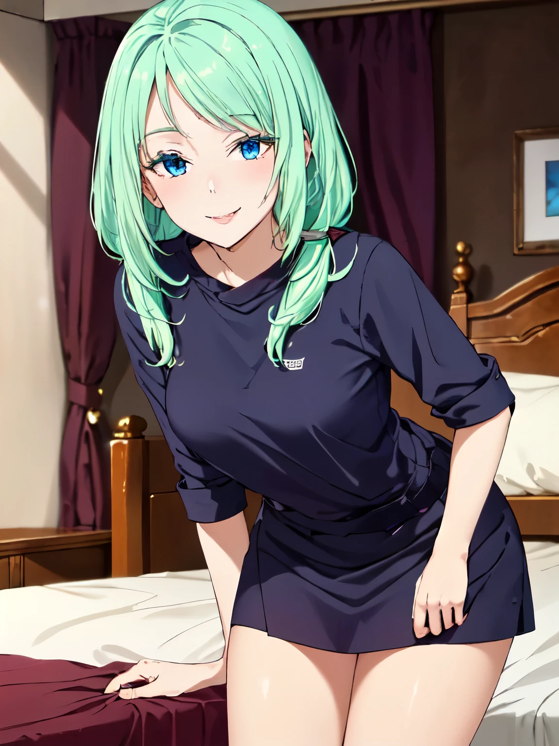 Best Quality、High resolution、whole body、One Girl、Mujuran 、 Green Hair、Shortcuts、Beautiful and attractive blue eyes、Highly detailed face、smile、Mouth closed、smile,garden、Absolute reference to the center、underwear、bedroom、On the bed、4Ｋ，8Ｋ,(Genuine、Genuine ambition、写真Genuine ambition:1.5）、High resolution、超High resolution、Ultra High Resolution Painting、Cowboy Shot、Leaning forward、Beautiful thighs、