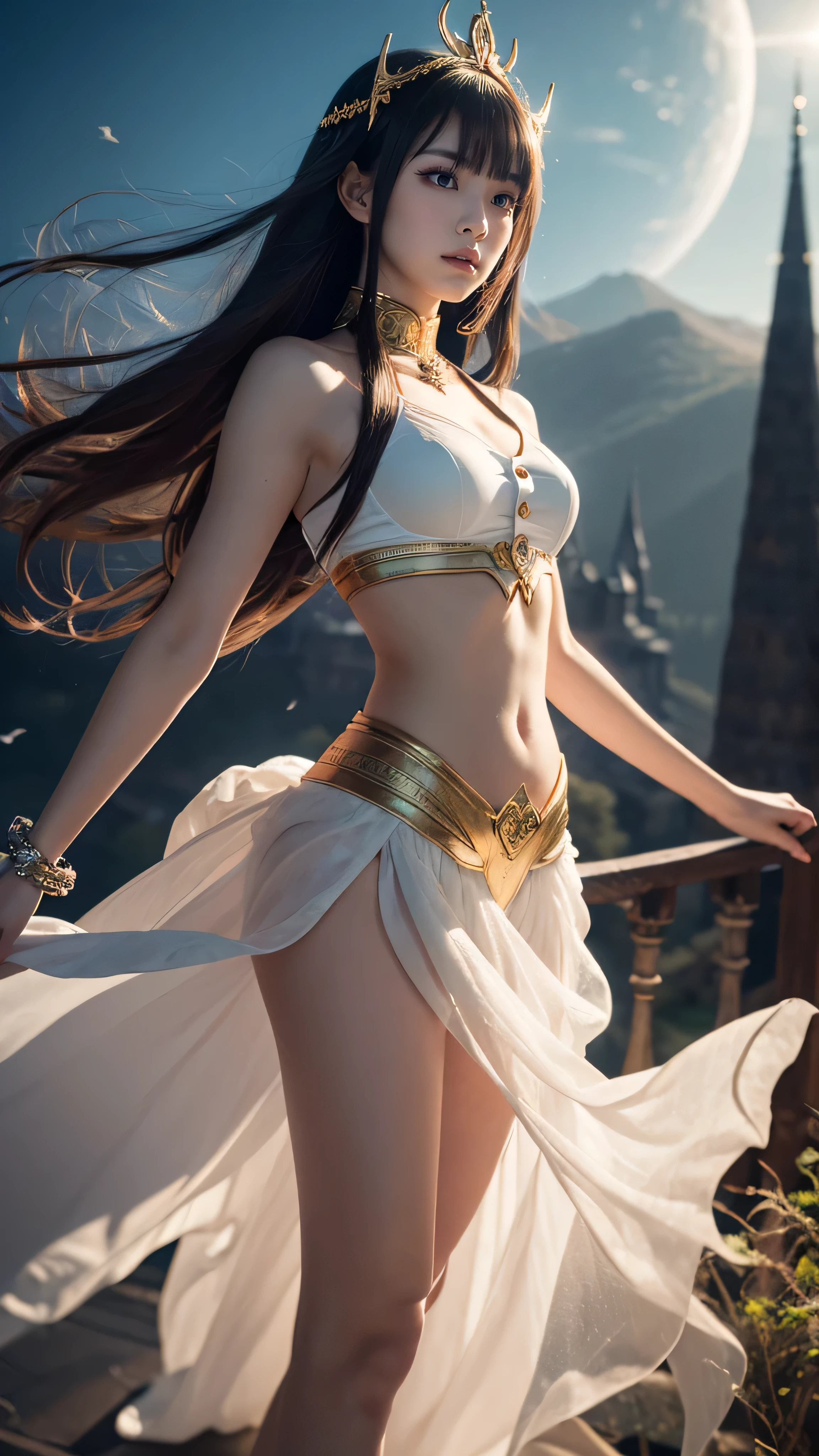 Natalie Portman as a white priestess girl. Freckles. wet crop top. see-through. Background river.