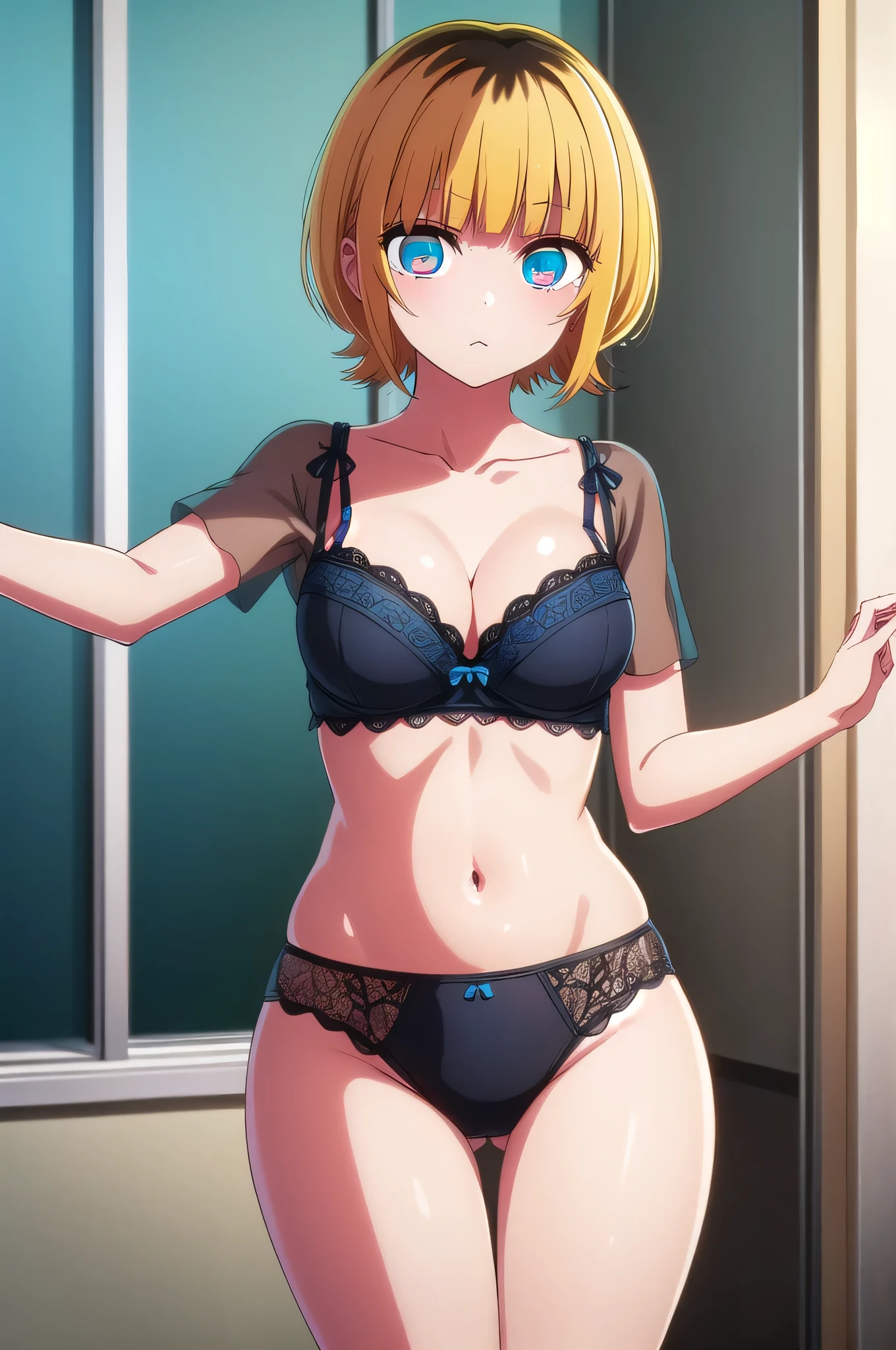 1woman、mem-cho、Alone、Blonde、Multicolored Hair、Bobcut、Small Corner、Bangs、Short Hair、Brown Hair、Black Hair、blunt bangs、Two-tone hair、(Blue Eyes:1.3)、Big Breasts、had very large breasts、Black lace trimmed underwear、Black Bra、black panty、cleavage、collarbone、navel、black panty、bra with an black、panty with an black、looking at viewer、(Cowboy Shot:1.5)、、(masterpiece:1.2)、Best Quality、High resolution、Unity 8K Wallpaper、(Illustration:0.8)、(Beautifully detailed eyes:1.6)、Highly detailed face、Perfect lighting、Extremely detailed CG、(Perfect hands, Perfect Anatomy)、