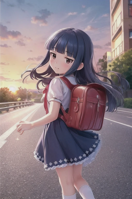 16k, High resolution, masterpiece, Best Quality, 
Movie stills, 
Short girl pinup, on the road, sunset, Detailed Background,  from back, looking back, smile, Staring at the viewer, 
Yukimi, 10 yo., Long Hair, Straight bangs, Flat Chest, Expressionless, shy,
Sundress, mini skirt, socks, shoes,  Detailed school bag, school bag,
Shallow depth of field, Vignette, Very detailed, High budget, Bokeh, cinemascope, Sulky, amazing, nice,
Film Grain, granular,