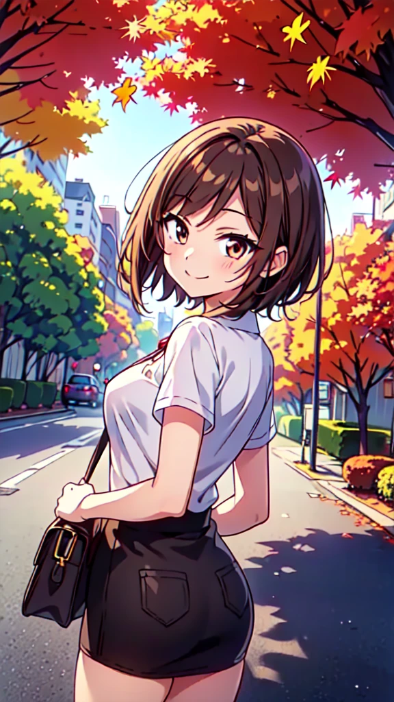 １People Women、(Brown hair short cut)、Beautiful brown hair、Perfect Face、Shiny skin、Clear brown eyes、Slightly chubby、Small breasts、The butt is small、(((Teasing Smile)))、Keep your head small、Watercolor、
Let's think step by step,Best Quality、masterpiece、 Ultra-high resolution 、8k、Show anime style 、Soft Line Art、Digital Enhancement、Flowing fabric、Soft Drawing、 Ultra-detailed digital anime art、 Clear facial depiction、Super detailed shojo manga character art、 Best Qualityの色
((Autumn in the city、The trees along the road are turning red))、（Panoramic View：1.5）、(((Autumn outfit、Cowboy Shot)))