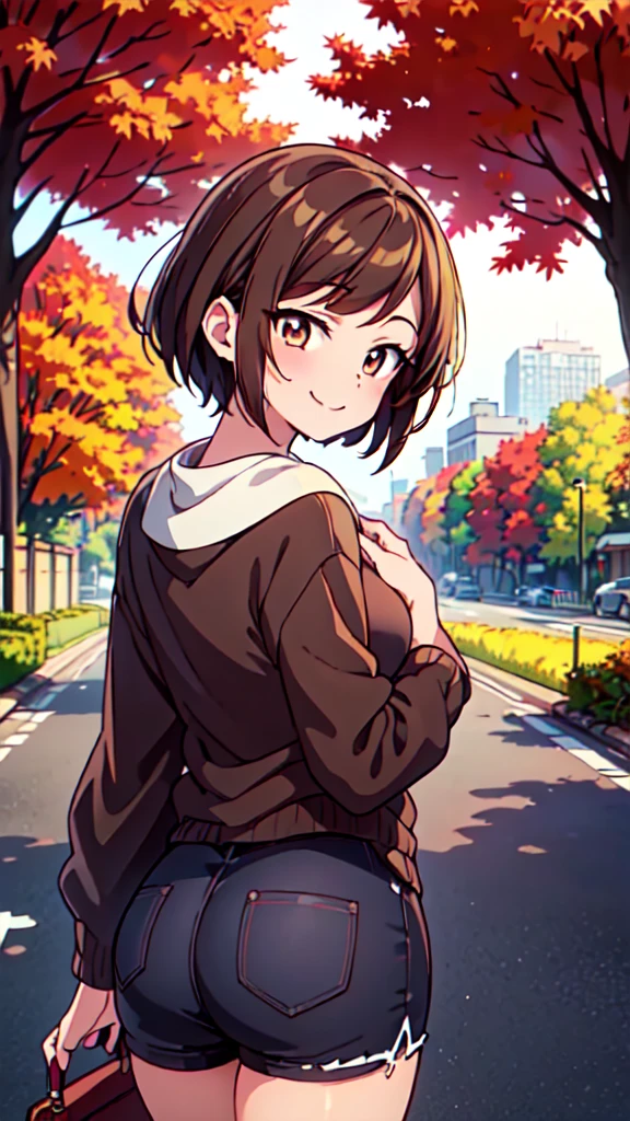 １People Women、(Brown hair short cut)、Beautiful brown hair、Perfect Face、Shiny skin、Clear brown eyes、Slightly chubby、Small breasts、The butt is small、(((Teasing Smile)))、Keep your head small、Watercolor、
Let's think step by step,Best Quality、masterpiece、 Ultra-high resolution 、8k、Show anime style 、Soft Line Art、Digital Enhancement、Flowing fabric、Soft Drawing、 Ultra-detailed digital anime art、 Clear facial depiction、Super detailed shojo manga character art、 Best Qualityの色
((Autumn in the city、The trees along the road are turning red))、（Panoramic View：1.5）、(((Autumn outfit、Cowboy Shot)))