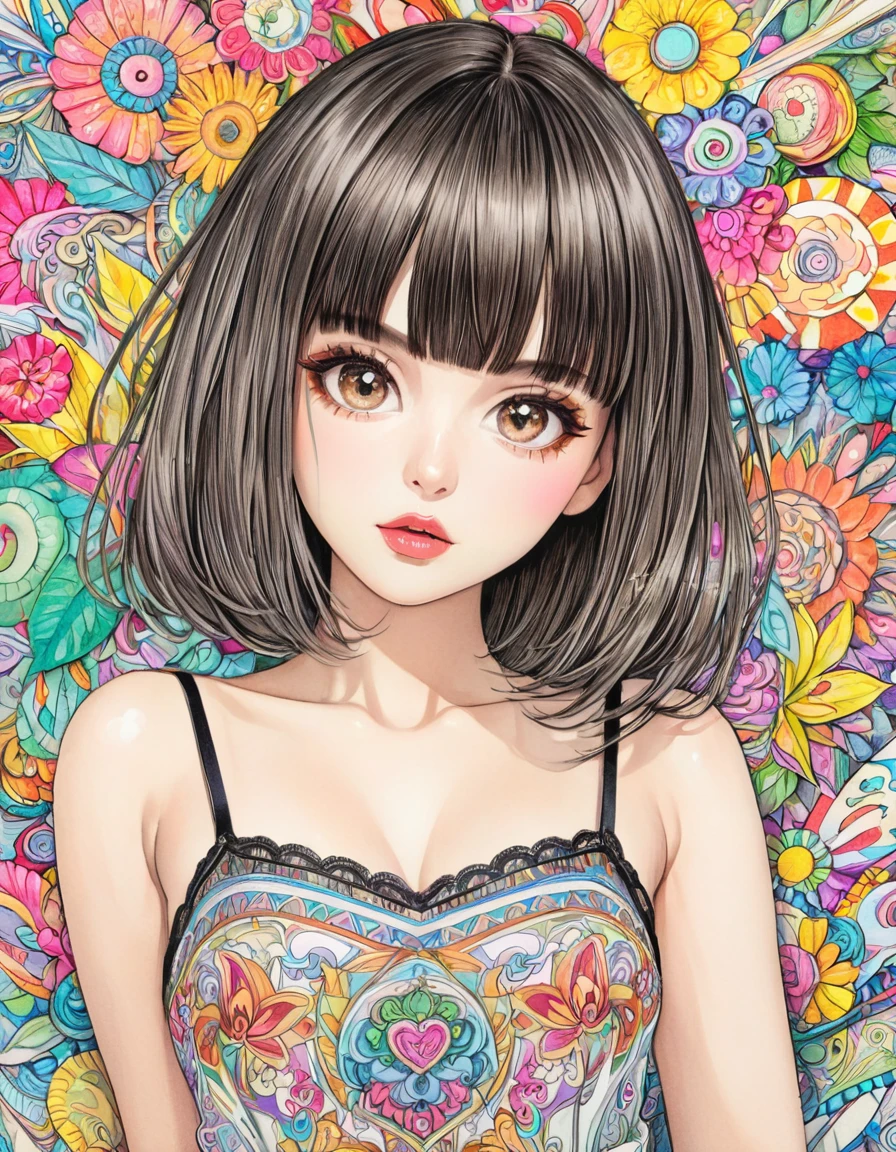 sensual woman, Highly detailed beautiful face, Symmetrical Trimmed Neat Straight bangs, Short camisole, art, advertisement, Colored pencil drawing, draft, art collage, Based on cute designs and characters, the images expressions are fantastical.