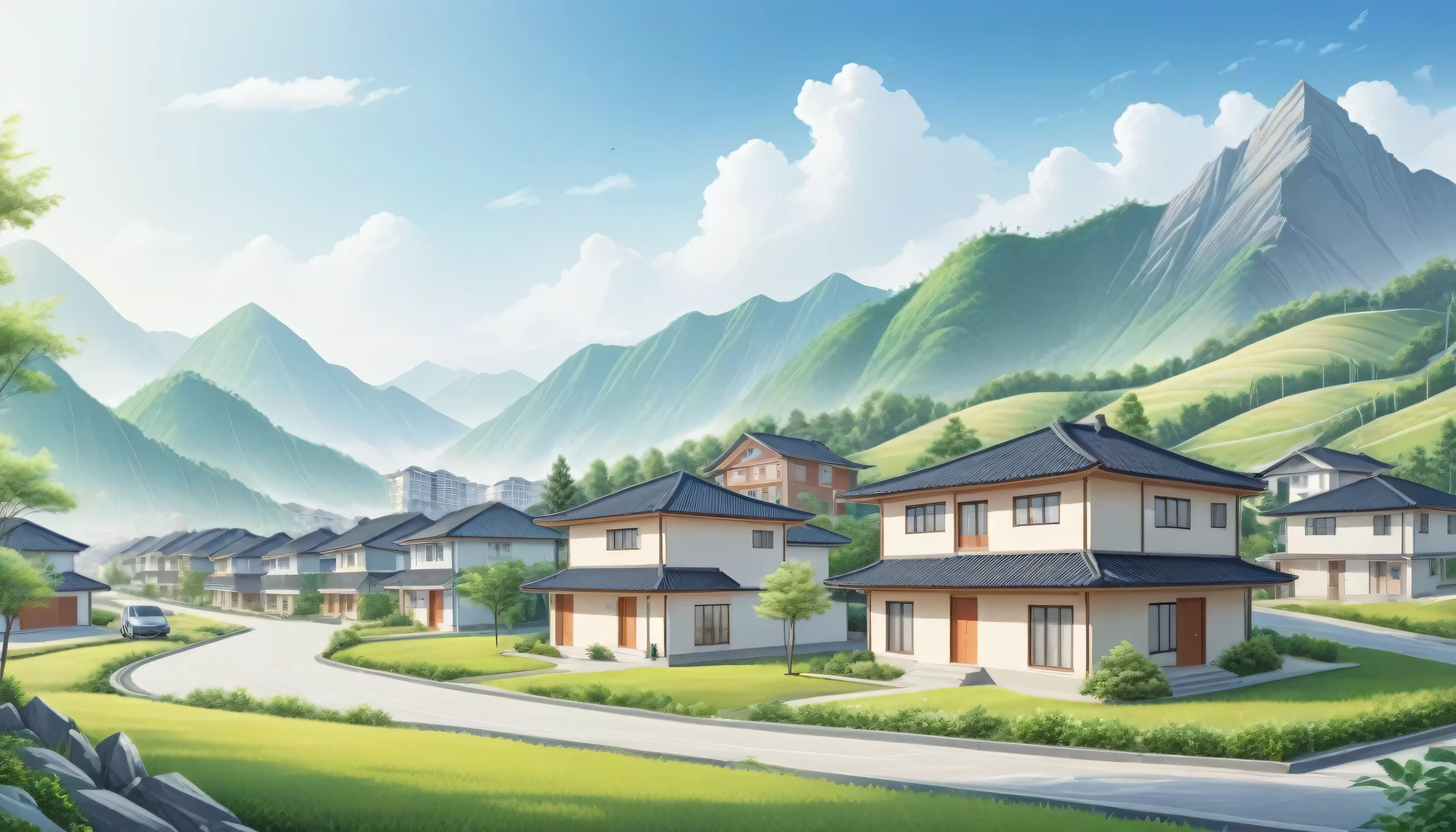 Many modern two-story buildings were built on the flat land between the mountains.，Mass Housing, City, Many buildings, Residential area, Big scene，Clean roads，Mainly line illustrations，Simplicity，Wide upward viewing angle，Camera on the ground