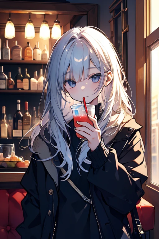 Japan male ager、Round glasses、white hair、poneyTail、Black Mesh、tailcoat、neck tie、serene expressions、cafes、Drinking melon soda