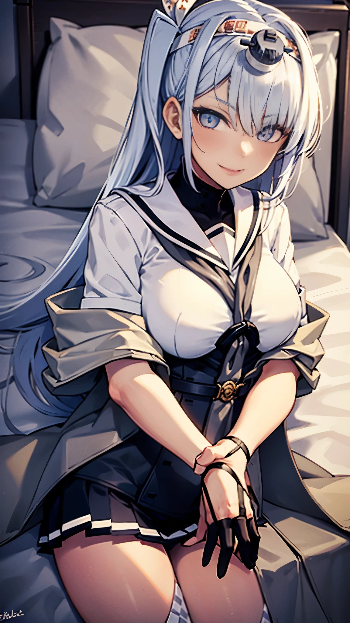 (Super detailed), masterpiece, (Best Quality), Realistic,　Detailed eyes, Detailed face　Detailed hands　Fine hair　1 person　Kantai Collection_Winter Moon　fuyutsuki \(kancolle\)　Pleated skirt Sailor suit, Grey neckerchief, Headband, White sailor collar, Black gloves, 白のHeadband, Half Gloves, (Big Breasts), Grey Hair, Micro Skirt, Short sleeve, Black knee-highs　Cowboy Shot　Lying in bed　Flip-up skirt　Visible underwear　A peaceful expression