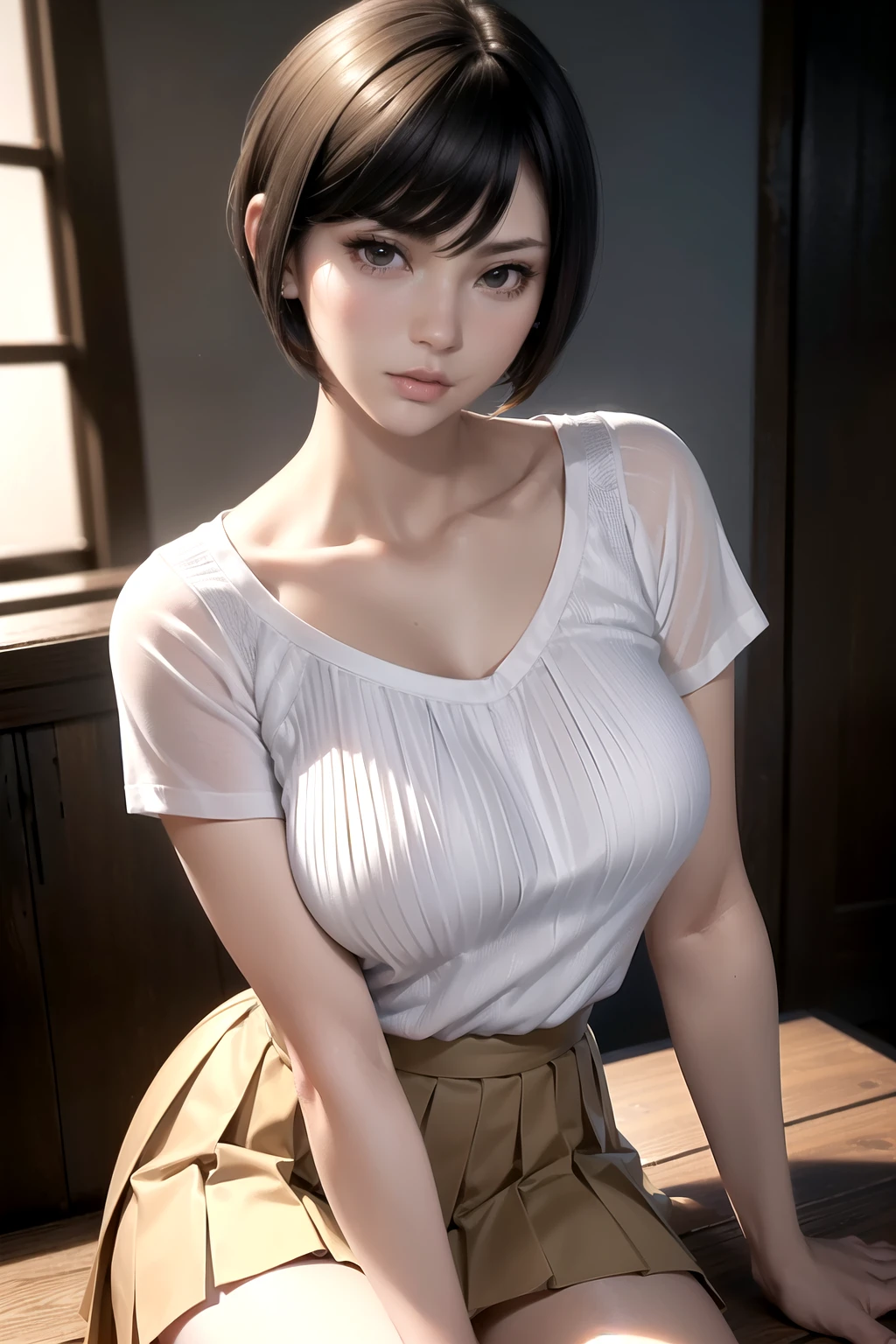 2 Japanese woman,(Highly detailed skin)(Beautiful female body)(Beautiful Big Breasts)(Big Breasts)(Pale skin)(Pointed Chest),(Erect nipples)(Best image quality)(Hyperrealist portrait),(8k),(Ultra-realistic,最high quality, high quality, High resolution)(high quality texture)(Attention to detail)(Beautiful details)(detailed,Extremely detailed CG,detailed Texture)(Realistic facial expressions,masterpiece,in front,dynamic,bold),(((short pixie cut))),(Very thin hair)(Super Straight Hair:1.5)( sleek bangs,Very light coppery amber hair,Hair in one eye)　(((White shirt)))　(((Pleated skirt)))(((She&#39;s not wearing panties under her skirt)))　(((sit astride a high-backed chair)))　(((Sit with your chest against the backrest)))　(((Rear View)))　(((Photo from behind)))　(((She arches her back to Accentuate your butt)))　(((The lines of the body are clearly visible)))、(((Depiction of beautiful fingers)))　(((Beautiful body depiction)))　(((Sit with your legs apart)))、(((Accentuate your thighs)))(((I can see your thighs)))(((Accentuate your butt)))、(((Full body photo)))、(((Low angle photo)))、(((Correct ankle orientation)))(((The correct number of legs)))　(((Accurate Body Composition)))　(((Accurate full body photo from behind)))