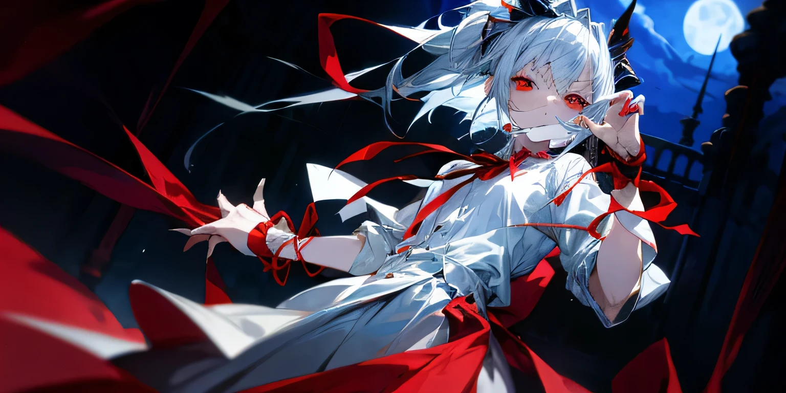Anime girl with silver hair and red eyes raising her hand,Very explicit,One girl,Alone, wrist cuffs,,Red ribbon,White shirt,Red Western-style luxury apartment,night,blue Moonlight,