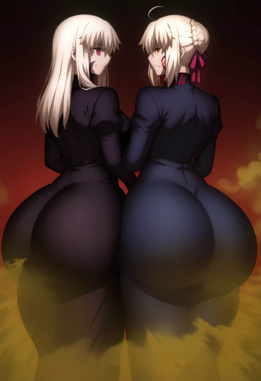 Highest quality, High Resolution, two females, Two girls side by side., Artoria Pendragon (Alter), Artoria Pendragon \(fate\) , sakura matou,, ass, hyper ass, huge is, big ass, wide hip, ass focus, gigantic ass, thick thighs, massive thighs, fart, farting, yellow_smoke, yellow_gas, sprays, farting for two, Two people standing side by side, Turning her back to the viewer, Butt bumping, fat ass, Two people standing side by side, long hair, red eyes, white hair, hair ribbon, empty eyes, dark persona, corruption, masterpiece, dress, black dress, turtleneck, striped, long sleeves, sakura matou, long hair, red eyes, white hair, hair ribbon, empty eyes, dark persona, corruption,