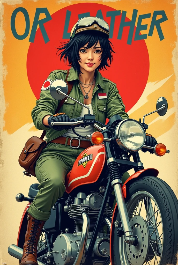 Pop Art style. A young, pretty, smiling Japanese woman with messy short black hair wears a stylish flight jacket with a Japanese flag patch on her shoulder, sturdy cargo pants, sturdy boots, a vintage helmet and gloves, and rides confidently on a vintage motorcycle in Zero fighter colours. Above her head, "OR LEATHER" is inscribed in bold, graffiti-style capital letters against a bold, vibrant background reminiscent of classic posters, embodying the spirit of freedom and self-expression that characterises this iconic pop art figure.