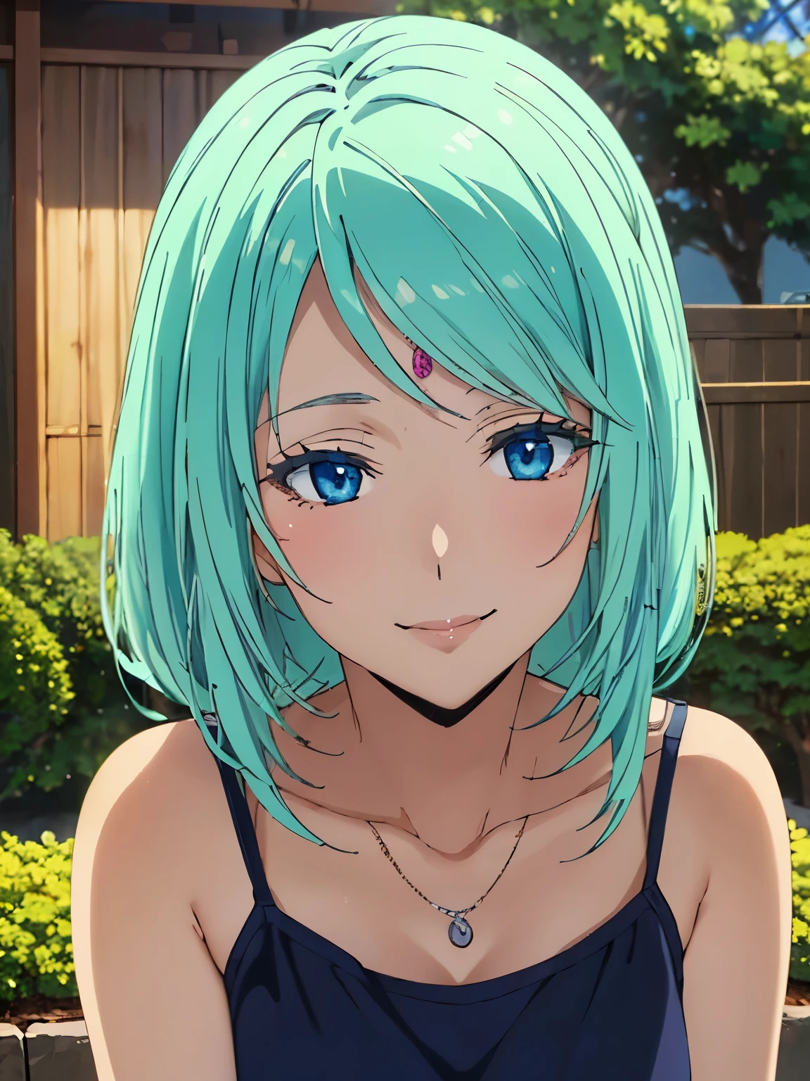 Highest quality、High resolution、whole body、One Girl、Miulan、 Green Hair、Shortcuts、camisole、Shorts、sexy、Beautiful and attractive blue eyes、Highly detailed face、smile、Mouth closed、smile,garden,Private Server、4K,8k,Extremely detailed CG、High resolution、超High resolution, Perfect lighting, Extremely detailed CG、Physically Based Rendering、(Genuine、Realisticな、Realistic)、(Anime illustration style:1.3)、Standing,Beautiful thighs、