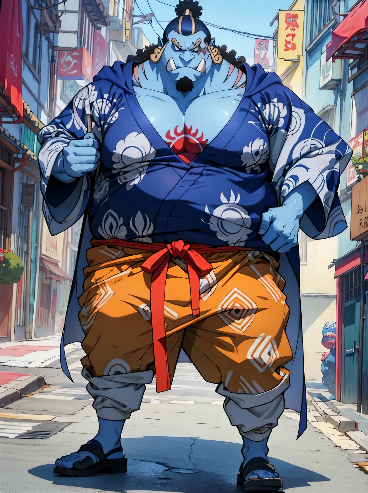 pillow (Jinbei) Familiar (He wears white pants and a kimono. ), blue skin, Fat and muscle, Chest tattoo, real, 8k, A very detailed,