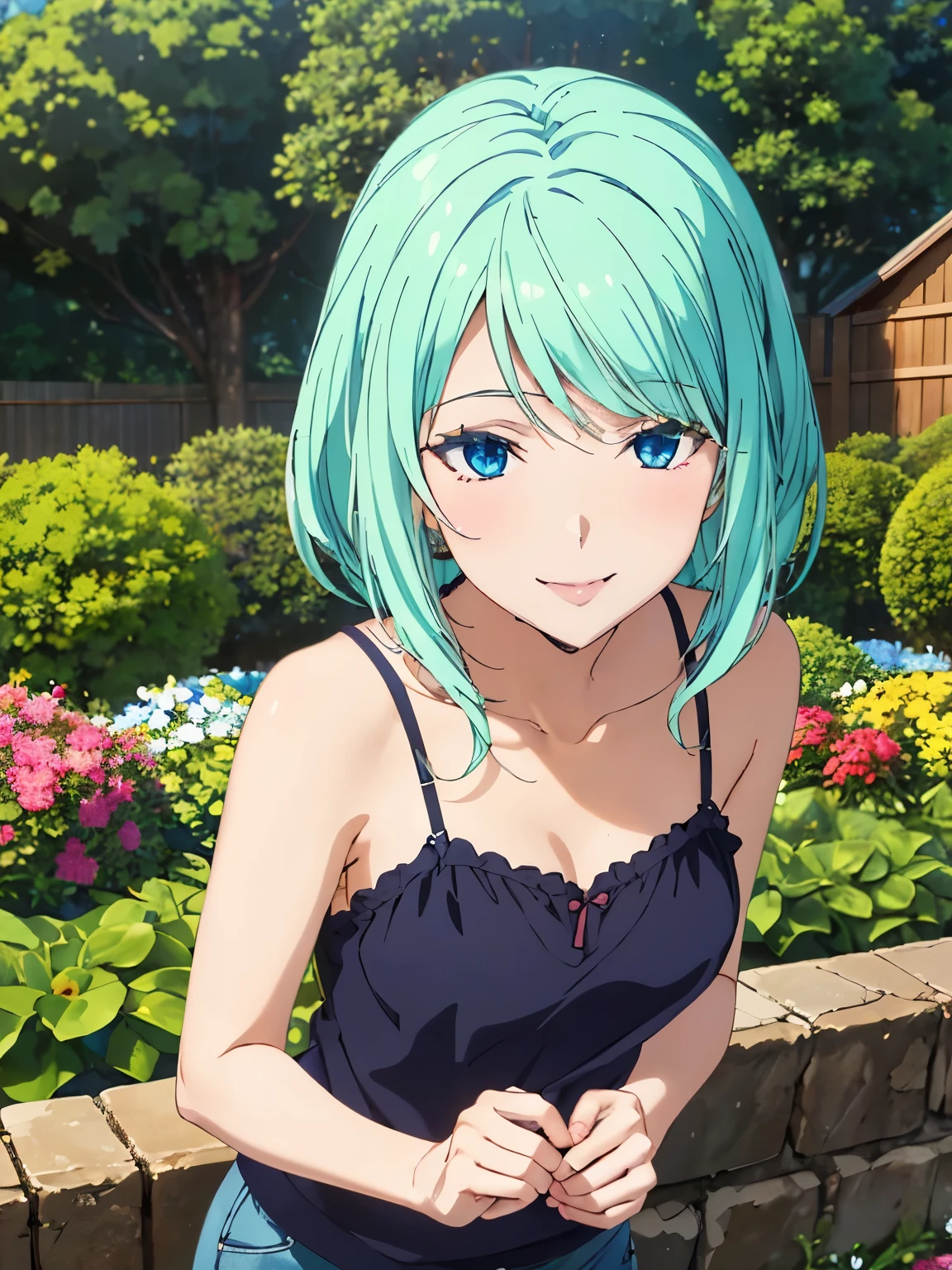 Highest quality、High resolution、whole body、One Girl、Miulan、 Green Hair、Shortcuts、camisole、Shorts、sexy、Beautiful and attractive blue eyes、Highly detailed face、smile、Mouth closed、smile,garden,Private Server、4K,8k,Extremely detailed CG、High resolution、超High resolution, Perfect lighting, Extremely detailed CG、Physically Based Rendering、(Genuine、Realisticな、Realistic)、(Anime illustration style:1.3)、Standing,Beautiful thighs、