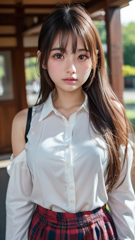 pedestrian walkway,RAW photos,8K,HighestQuali, 超高分辨率,Beautiful face details,Real human skin,Blushing and shy expressions,leaning-forward,up front view,From the angle below,Short brown shawl hair,realisticlying,realisticlying,adolable,short skirt,Stand deep in the city,cute female student,Japanese schoolgirl uniform,Wearing a Japanese school uniform,校服,Surreal high school girl,full bodyesbian,