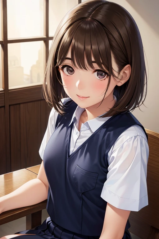 ((table top, highest quality, High resolution, nffsw, perfect pixel, 4K, nffsw, nffsw,35 years old))), 1 girl, single, alone, beautiful woman、I could see the whole body、 ((short bob hair, bangs, brown hair)), ((brown eyes, beautiful eyelashes, realistic eyes)), ((detailed face, blush:1.2)), ((smooth texture:0.75, realistic texture:0.65, realistic:1.1, Anime CG style)), medium breasts, dynamic angle, perfect body, ((teacher,White short-sleeved shirt with open front、、tight skirt、garter stockings、high heels、Kamimei)), classroom without people、evening、Very embarrassing panic smile、soft breasts、(、、open both legs、lace panties)
