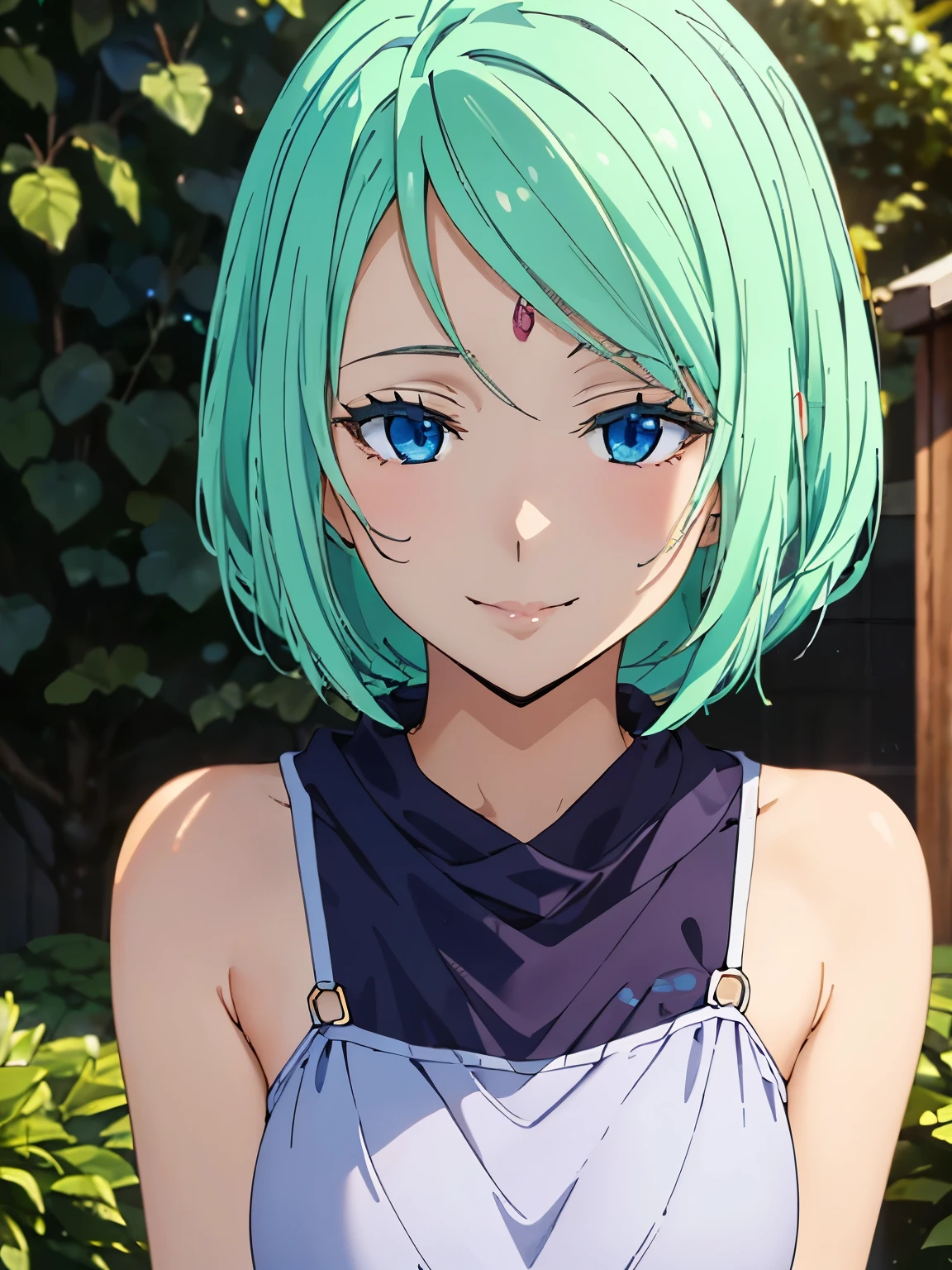 Highest quality、High resolution、whole body、One Girl、Miulan、 Green Hair、Shortcuts、camisole、Shorts、sexy、Beautiful and attractive blue eyes、Highly detailed face、smile、Mouth closed、smile,garden,Private Server、4K,8k,Extremely detailed CG、High resolution、超High resolution, Perfect lighting, Extremely detailed CG、Physically Based Rendering、(Genuine、Realisticな、Realistic)、(Anime illustration style:1.3)、Standing,Beautiful thighs、