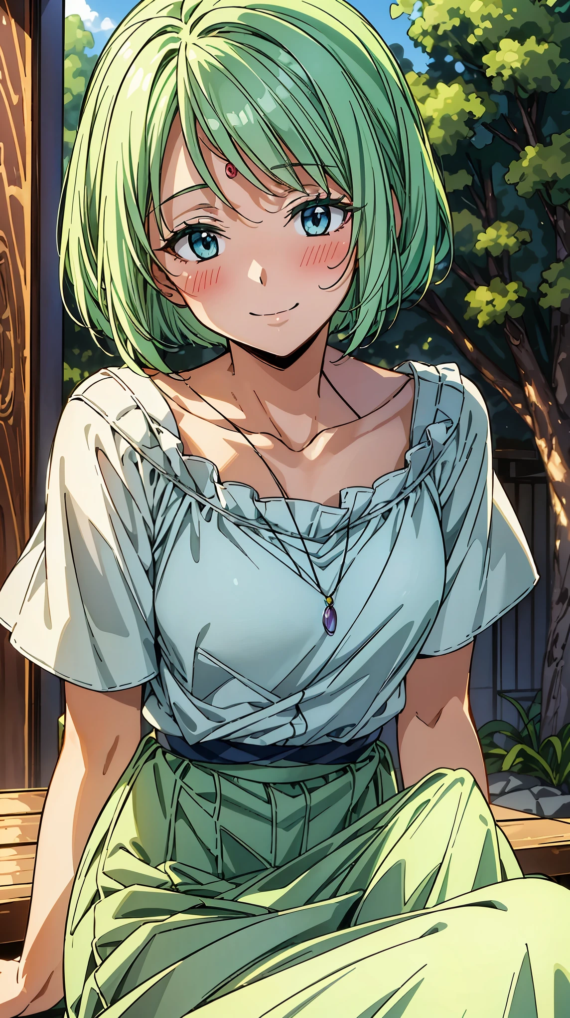 16K、masterpiece、High resolution、((Myulan))、Medium chest、Green Hair、(short hair)、((Summer clothes、White long skirt))、blush、smile、(Angle from below)、