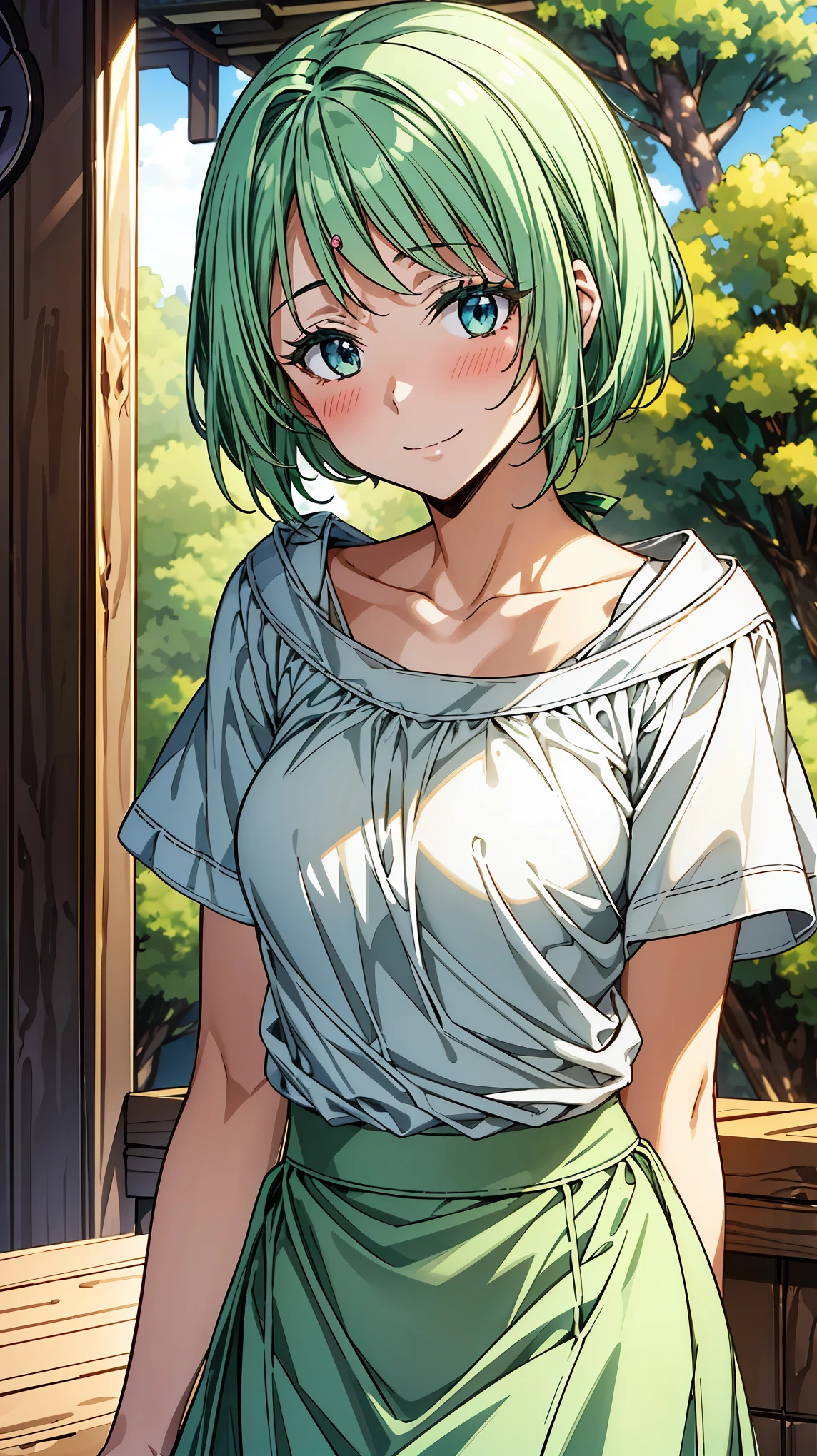 16K、masterpiece、High resolution、((Myulan))、Medium chest、Green Hair、(short hair)、((Summer clothes、White long skirt))、blush、smile、(Angle from below)、