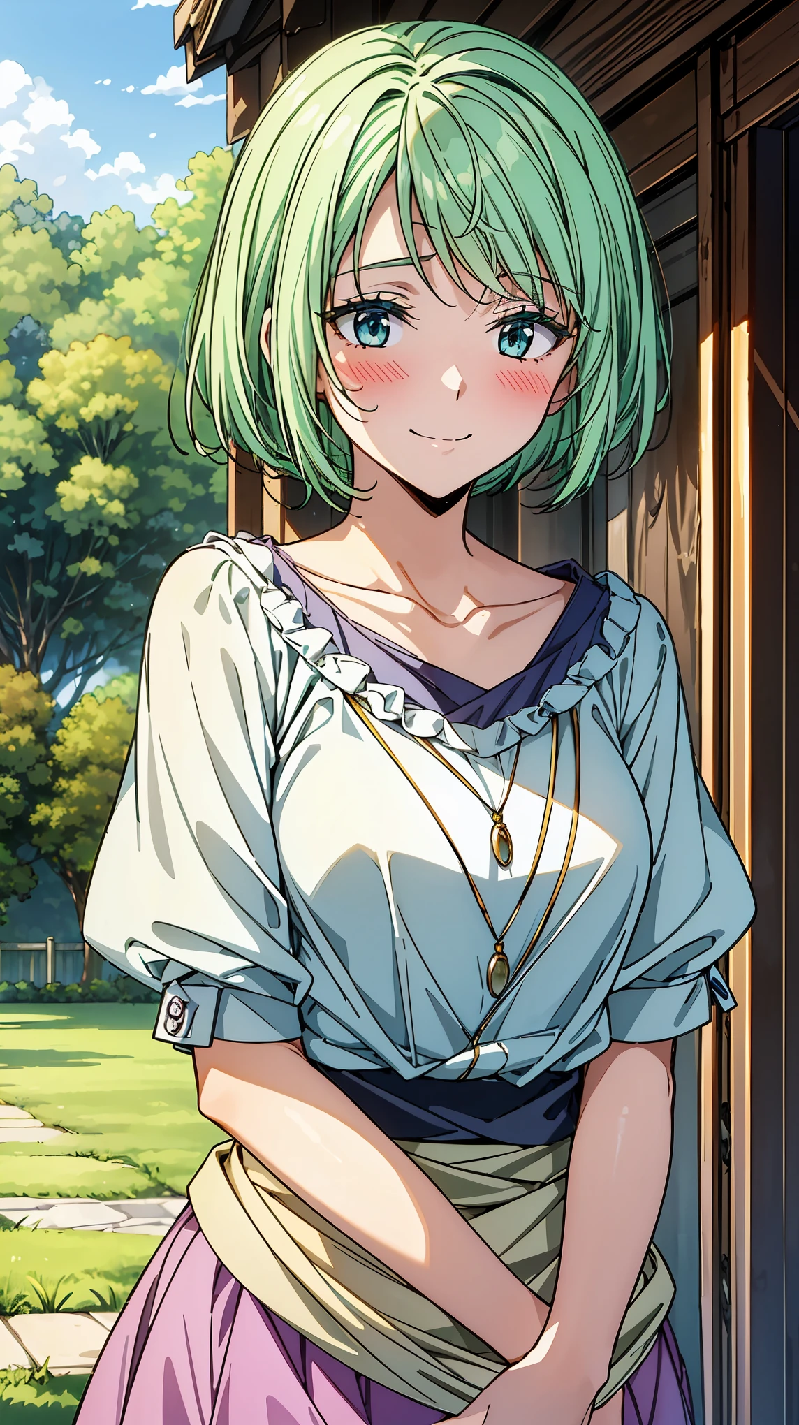 16K、masterpiece、High resolution、((Myulan))、Medium chest、Green Hair、(short hair)、((Summer clothes、White long skirt))、blush、smile、(Angle from below)、