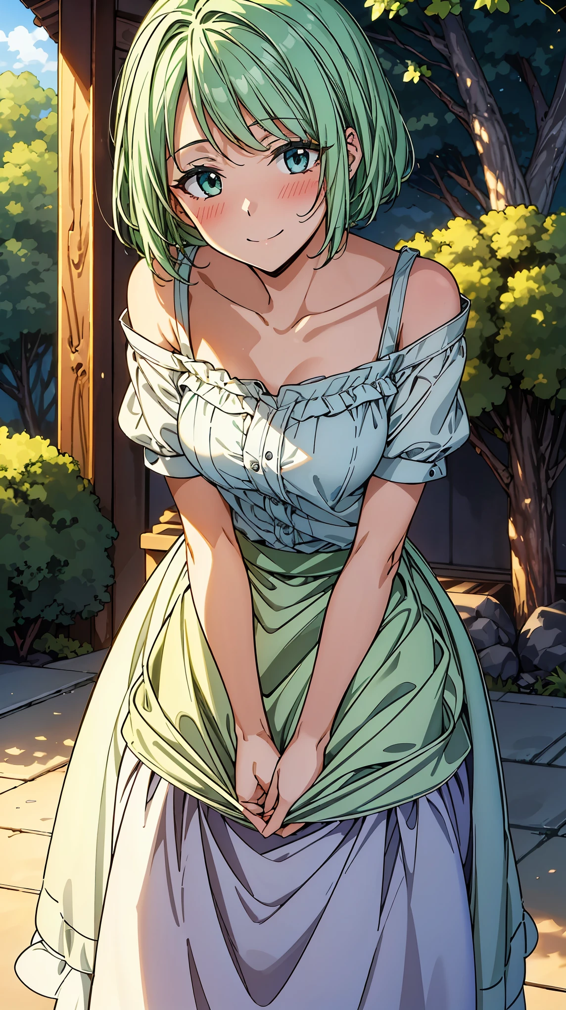 16K、masterpiece、High resolution、((Myulan))、Medium chest、Green Hair、(short hair)、((Summer clothes、White long skirt))、blush、smile、(Angle from below)、