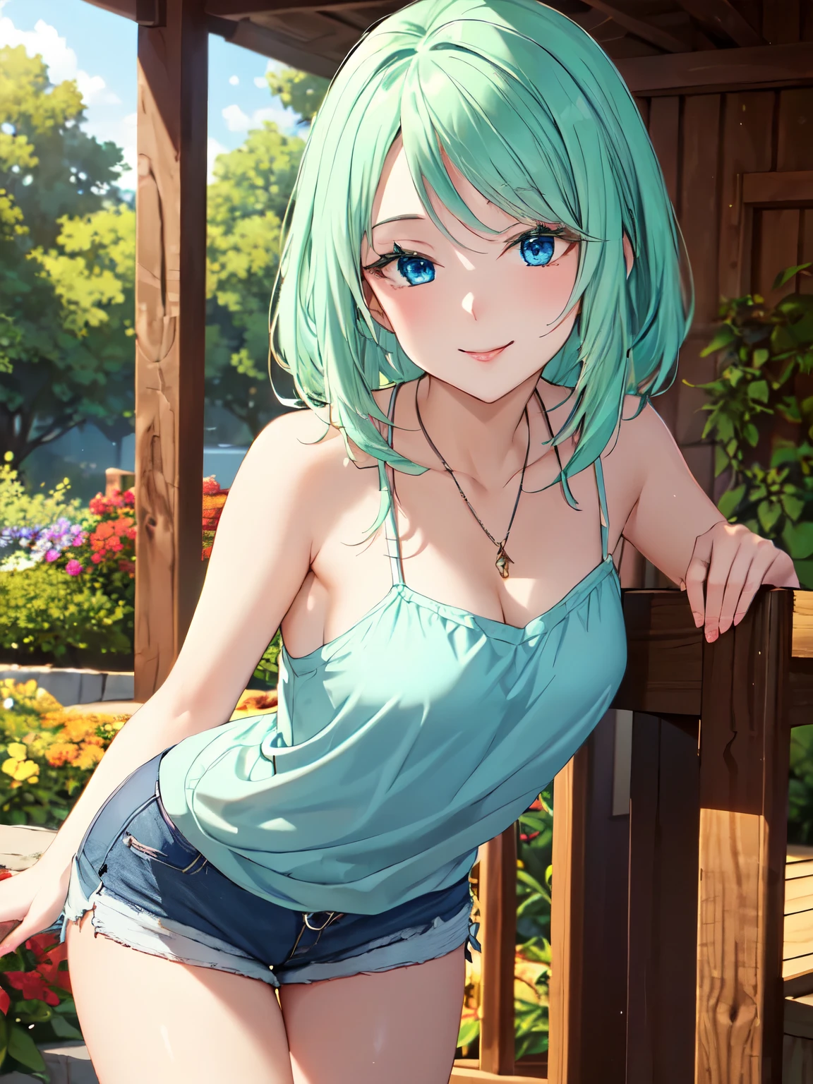 Best Quality、High resolution、whole body、One Girl、Mujuran 、 Green Hair、Shortcuts、Beautiful and attractive blue eyes、Highly detailed face、smile、Mouth closed、smile,garden、Absolute reference to the center、camisole、Shorts、4Ｋ，8Ｋ,(Genuine、Genuine志向、写真Genuine志向:1.5）、High resolution、超High resolution、超High resolutionの絵画、Cowboy Shot、Leaning forward、Beautiful thighs、