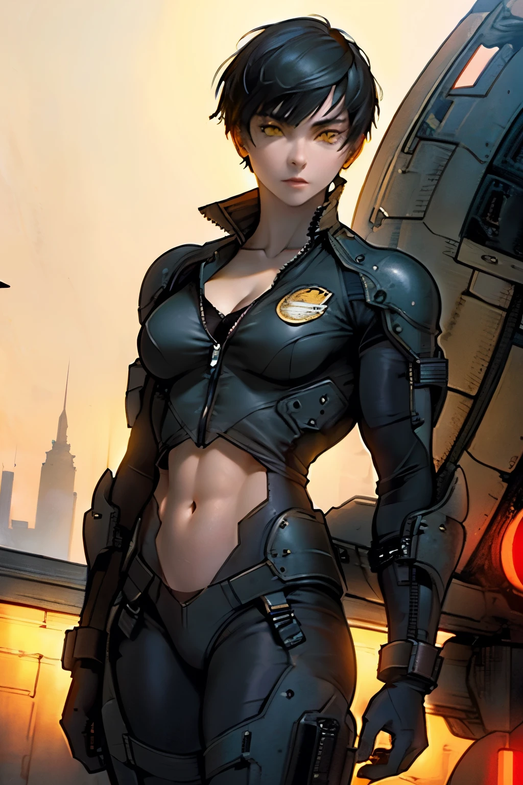 1 girl, Black hair, yellow eyes, short haircut, boyish haircut, pale skin, ((((extremely muscular)))), big breasts, open body, lush, specific, shadow, Dark atmosphere, (pilot suit), (very deeply unbuttoned) (Open belly),