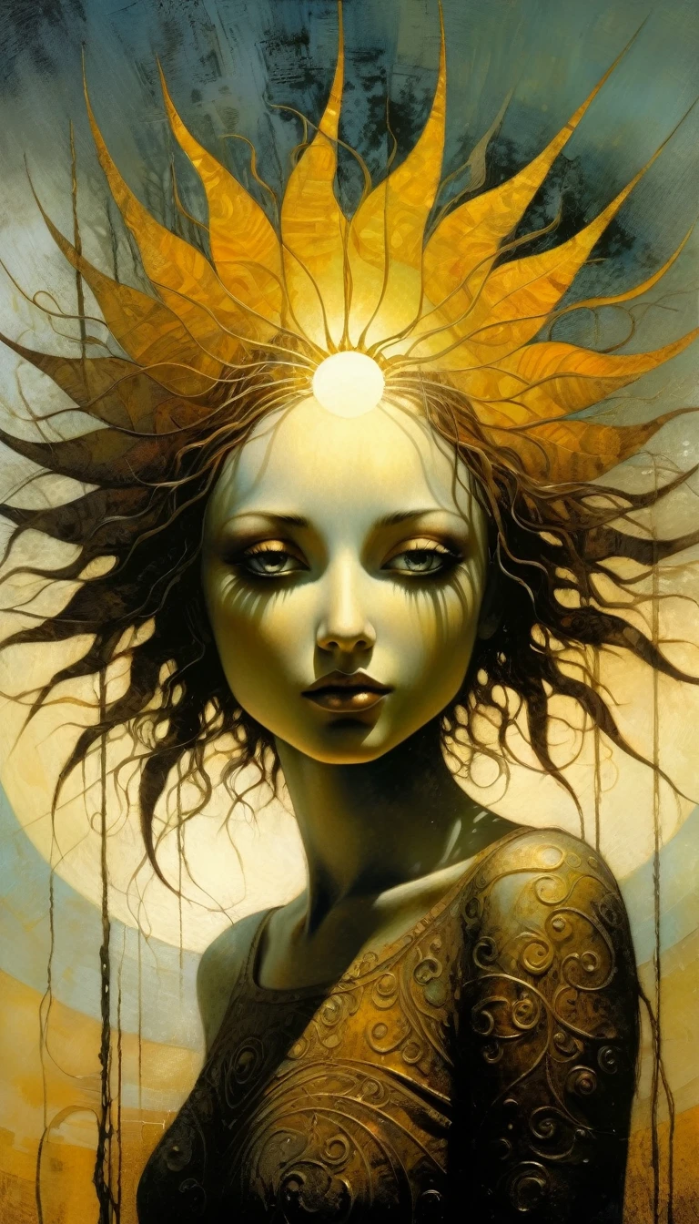 sexy, the sun, Artwork inspired by Dave Mckean, intricate details, oil painted
