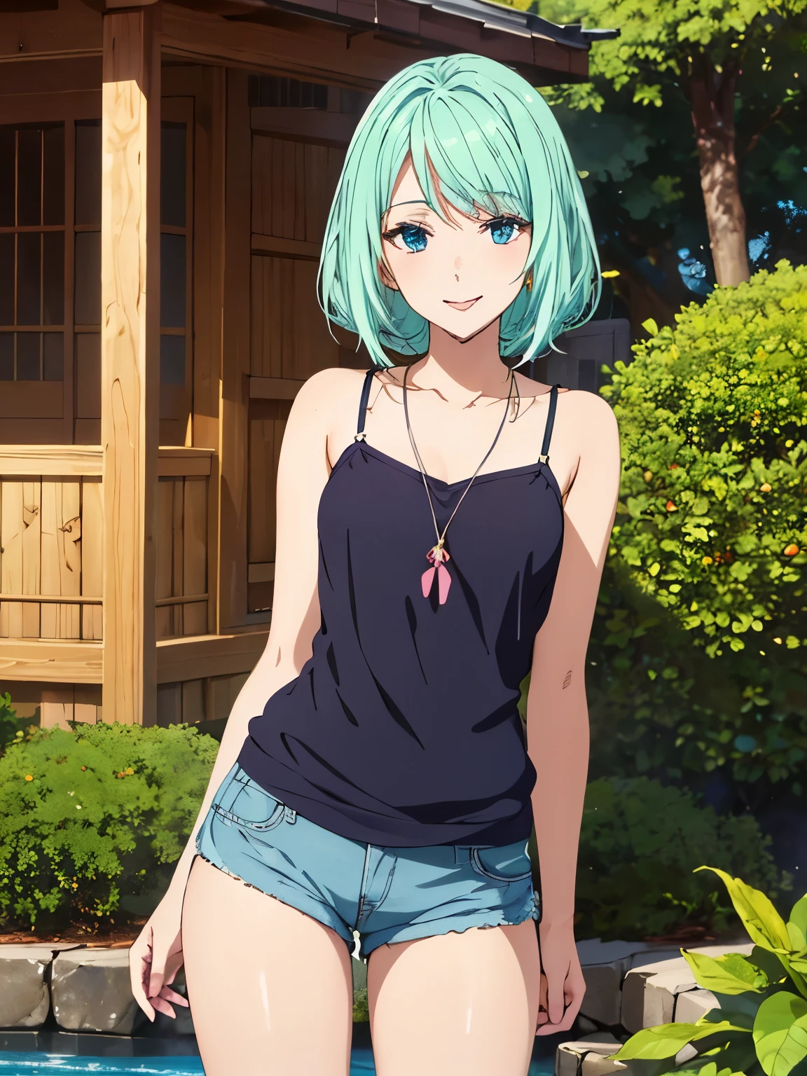 Highest quality、High resolution、whole body、One Girl、Miulan、 Green Hair、Shortcuts、camisole、Shorts、sexy、Beautiful and attractive blue eyes、Highly detailed face、smile、Mouth closed、smile,garden,Private Server、4K,8k,Extremely detailed CG、High resolution、超High resolution, Perfect lighting, Extremely detailed CG、Physically Based Rendering、(Genuine、Realisticな、Realistic)、(Anime illustration style:1.3)、Standing,Beautiful thighs、