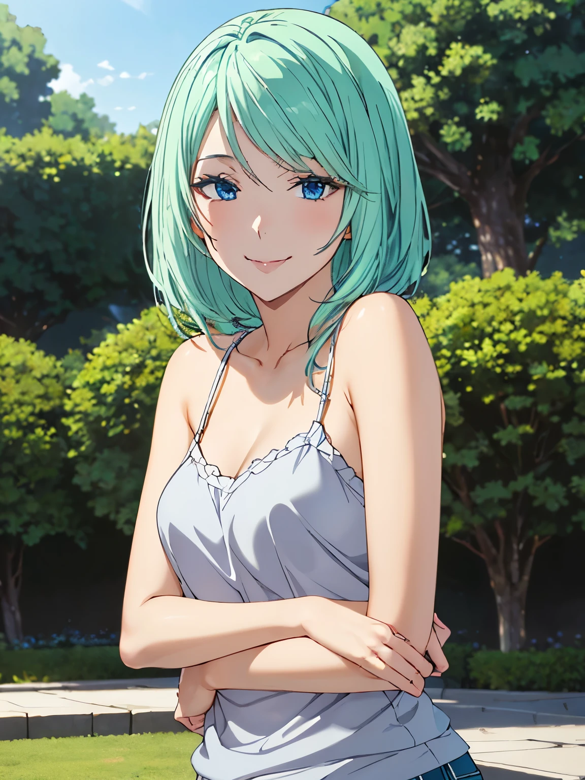 Highest quality、High resolution、whole body、One Girl、Miulan、 Green Hair、Shortcuts、camisole、Shorts、sexy、Beautiful and attractive blue eyes、Highly detailed face、smile、Mouth closed、smile,garden,Private Server、4K,8k,Extremely detailed CG、High resolution、超High resolution, Perfect lighting, Extremely detailed CG、Physically Based Rendering、(Genuine、Realisticな、Realistic)、(Anime illustration style:1.3)、Standing,Beautiful thighs、