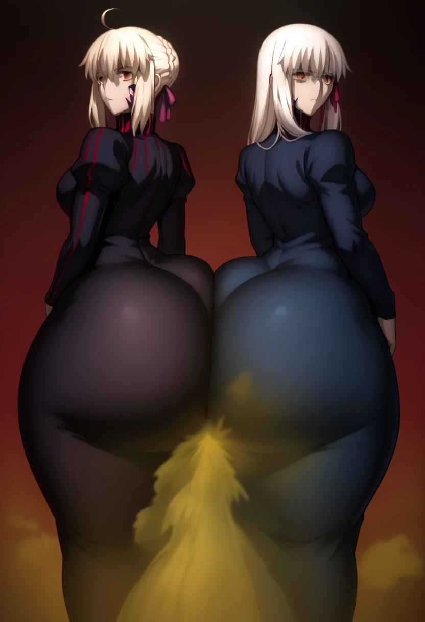 Highest quality, High Resolution, two females, Two girls side by side., Artoria Pendragon (Alter), Artoria Pendragon \(fate\) , sakura matou,, ass, hyper ass, huge is, big ass, wide hip, ass focus, gigantic ass, thick thighs, massive thighs, fart, farting, yellow_smoke, yellow_gas, sprays, farting for two, Two people standing side by side, Turning her back to the viewer, Butt bumping, fat ass, Two people standing side by side, long hair, red eyes, white hair, hair ribbon, empty eyes, dark persona, corruption, masterpiece, dress, black dress, turtleneck, striped, long sleeves, sakura matou, long hair, red eyes, white hair, hair ribbon, empty eyes, dark persona, corruption,