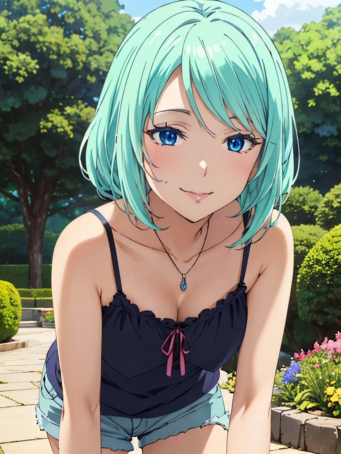 Highest quality、High resolution、whole body、One Girl、Miulan、 Green Hair、Shortcuts、camisole、Shorts、sexy、Beautiful and attractive blue eyes、Highly detailed face、smile、Mouth closed、smile,garden,Private Server、4K,8k,Extremely detailed CG、High resolution、超High resolution, Perfect lighting, Extremely detailed CG、Physically Based Rendering、(Genuine、Realisticな、Realistic)、(Anime illustration style:1.3)、Standing,Beautiful thighs、