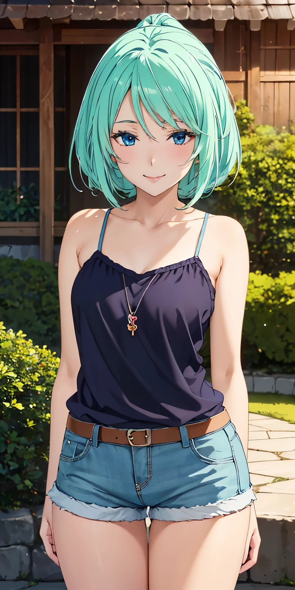 Highest quality、High resolution、whole body、One Girl、Miulan、 Green Hair、Shortcuts、camisole、Shorts、sexy、Beautiful and attractive blue eyes、Highly detailed face、smile、Mouth closed、smile,garden,Private Server、4K,8k,Extremely detailed CG、High resolution、超High resolution, Perfect lighting, Extremely detailed CG、Physically Based Rendering、(Genuine、Realisticな、Realistic)、(Anime illustration style:1.3)、Standing,Beautiful thighs、