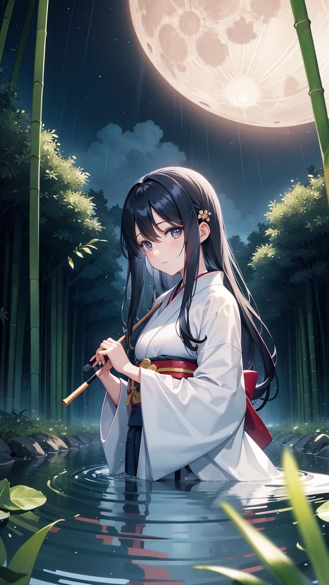 A dynamic ink painting of a Japanese bamboo forest, Great art, Amazing sense of depth, Ground level shot, The most beautiful bamboo forests in the world, Bamboo leaves shining through rainwater, moon\(Pale blue\) Under a slightly cloudy sky,Alone, A beautiful girl\(Ancient Japanese nobility, Beautiful Kimono, Beautiful long black hair\) looking up at the moon holding an umbrella,Light rain is falling, Fireflies fly around, Bamboo leaves are placed three-dimensionally in the foreground, Long Hit,colorless,whole body 