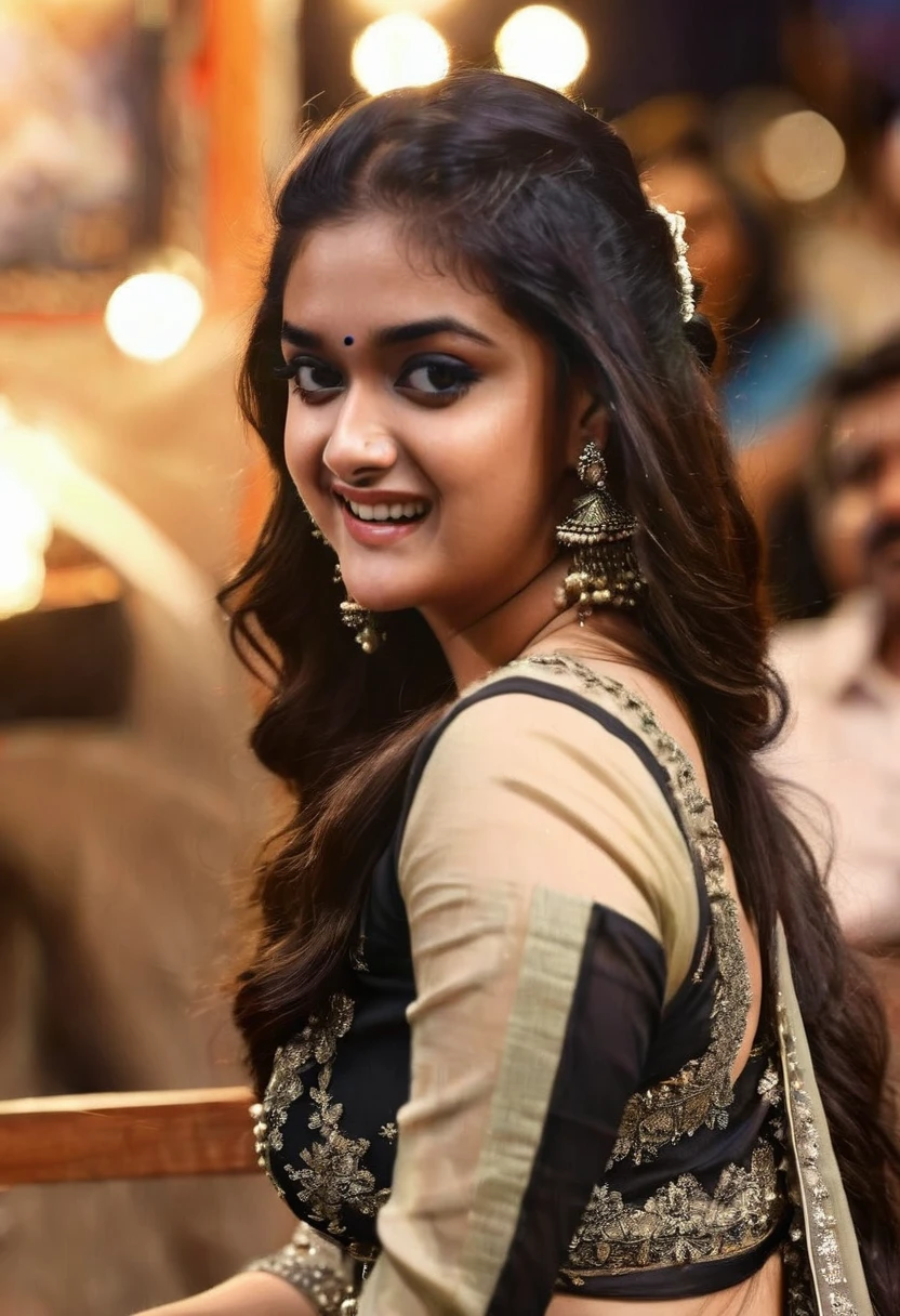 Portrait of A confident-looking indian beautiful actress keerthi suresh, royal princess with long flowing hair, hazel eyes, wearing transparent bikini sitting in saloon, back ground big saloon, twilight time, camp fire framing, bokeh, perfect composition, hyperrealistic, super detailed, 8k, high quality, trending art, trending on artstation, sharp focus, photo , intricate details, highly detailed, art by greg rutkowski