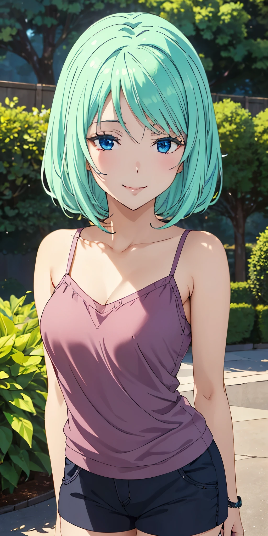 Highest quality、High resolution、whole body、One Girl、Miulan、 Green Hair、Shortcuts、camisole、Shorts、sexy、Beautiful and attractive blue eyes、Highly detailed face、smile、Mouth closed、smile,garden,Private Server、4K,8k,Extremely detailed CG、High resolution、超High resolution, Perfect lighting, Extremely detailed CG、Physically Based Rendering、(Genuine、Realisticな、Realistic)、(Anime illustration style:1.3)、Standing,Beautiful thighs、