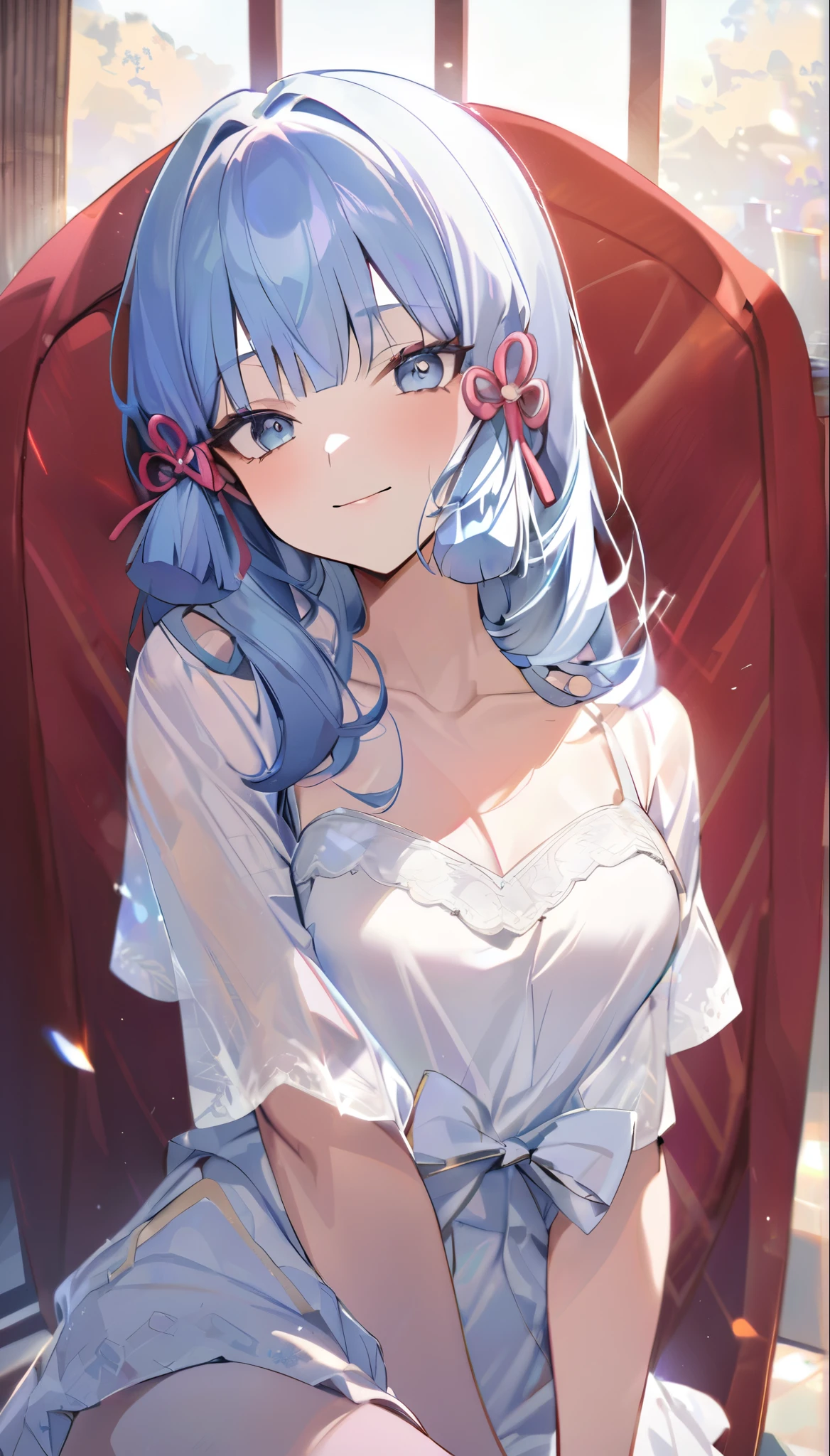 ayaka, long blue hair, beautiful face,smiling,close up to hips, moderate breast, sitting on beds, wearing beautiful white pajamas, (open mouth:0.4),illustration,detailed textures(realists),ultra-detailed,portrait style,vivid colors,soft lighting, blushing, mature, no bras, hair fluttering, soft breast