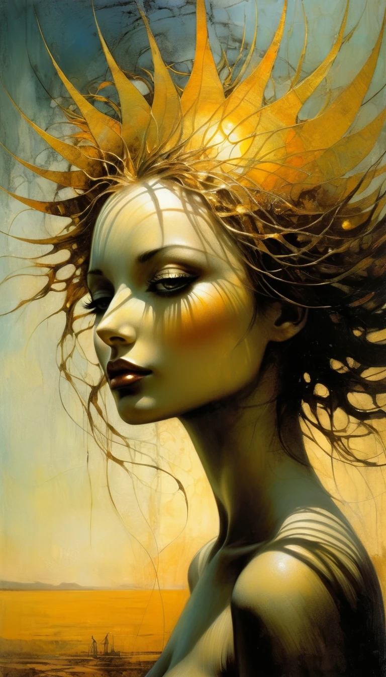 Beautiful sun on a bright day. Intricately detailed oil painting. Surreal, abstract and dreamy sexy atmosphere. Atmospheric and moody light. Soft color palette. Inspired by the artwork of Dave Mckean. Cinematic and eye-catching quality. Surreal and mysterious. Fine textures and brushwork. Dazzling shadows and highlights. Sense of mystery and magic.