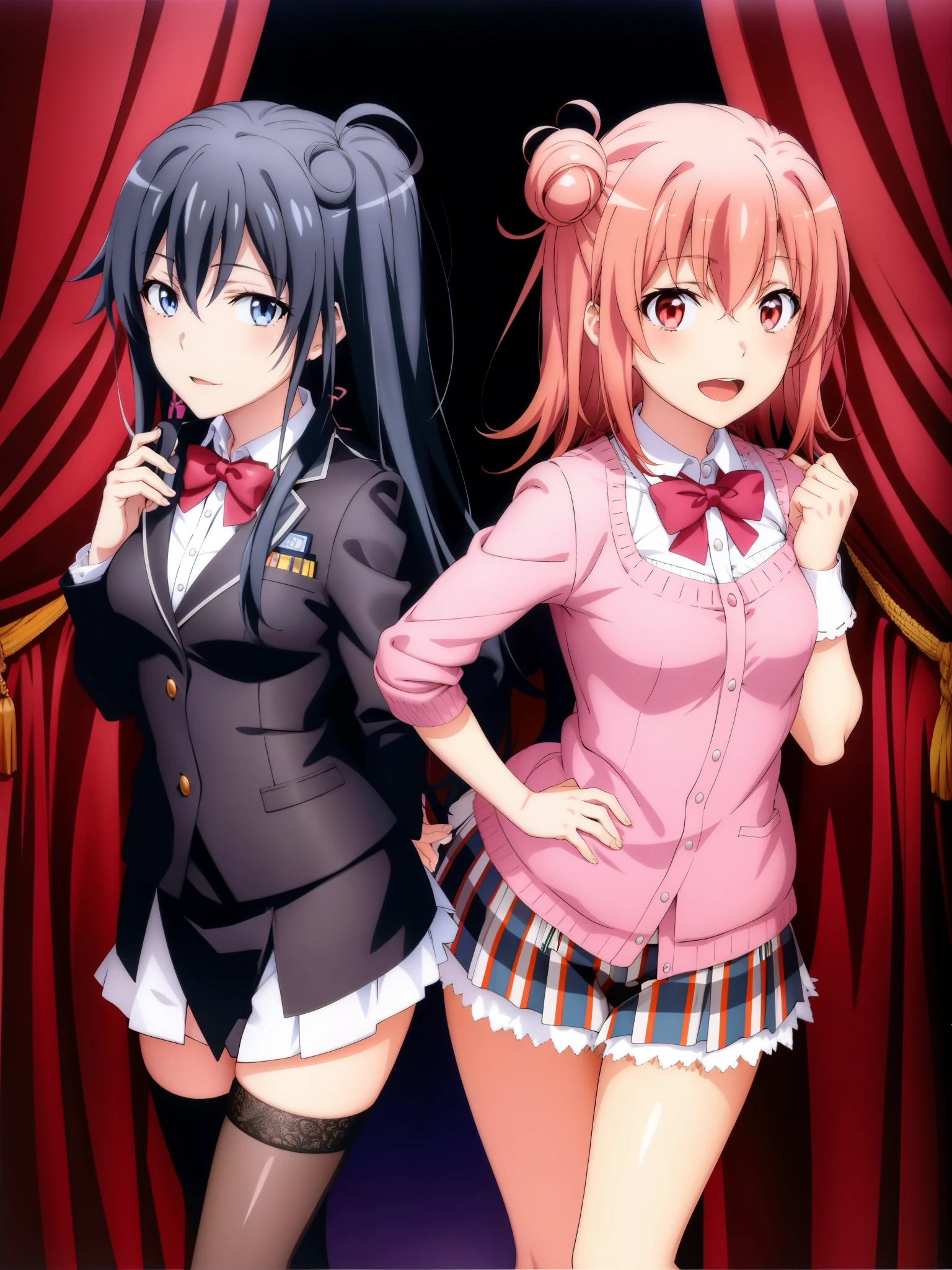 2 girls , Yukinoshita Yukino , yuigahama yui'great bust and hips, waltz dance , rotate,uniform,black blazer,white shirt,ribbon,white lace panties,Light pink lace panties,(pussy line:1.0),thighs,(high angle:1.0),look at the camera,(I'I'I'm embarrassed and blushing),crying face,lowered eyebrows,Sweat,downtown at night