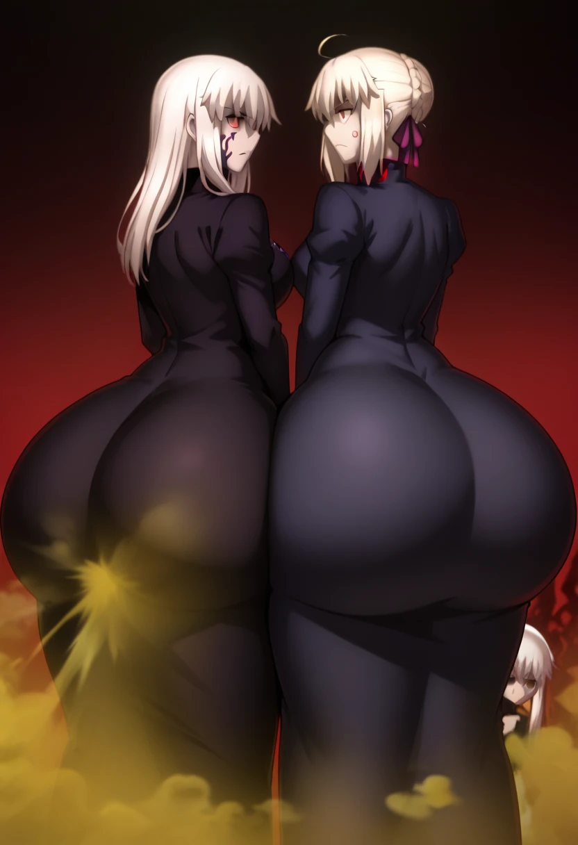 Highest quality, High Resolution, two females, Two girls side by side., Artoria Pendragon (Alter), Artoria Pendragon \(fate\) , sakura matou,, ass, hyper ass, huge is, big ass, wide hip, ass focus, gigantic ass, thick thighs, massive thighs, fart, farting, yellow_smoke, yellow_gas, sprays, farting for two, Two people standing side by side, Turning her back to the viewer, Butt bumping, fat ass, Two people standing side by side, long hair, red eyes, white hair, hair ribbon, empty eyes, dark persona, corruption, masterpiece, dress, black dress, turtleneck, striped, long sleeves, sakura matou, long hair, red eyes, white hair, hair ribbon, empty eyes, dark persona, corruption,　dress, black dress, turtleneck, striped, long sleeves,