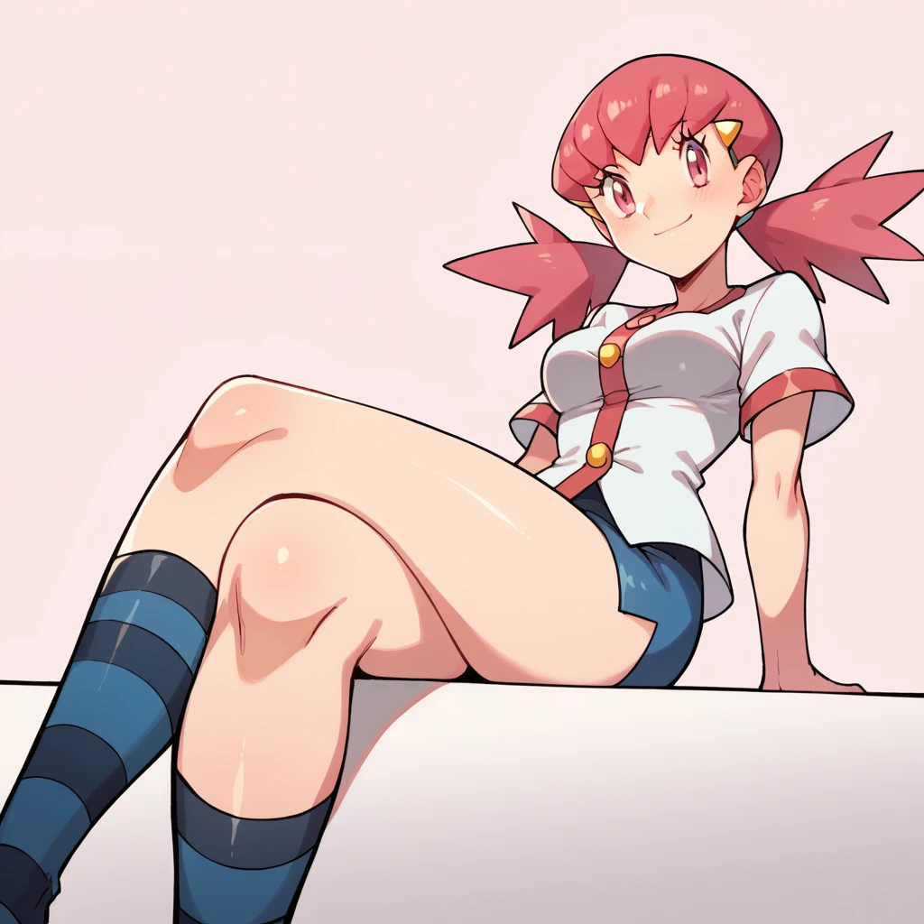 score_9, score_8_up, score_7_up, defwhitney, whitney \(pokemon\), 1girl, arm support, blush, smile, breasts, buttons, 3 bottons, crossed legs, eyelashes, hair ornament, hairclip, jacket, long hair, pink eyes, pink hair, short skirt, short sleeves, skirt, denim skirt, sitting, socks, solo, striped clothes, tight skirt, striped socks, twintails, white jacket, tick thighs, shiny skin, pink background, underwear, white underwear, perfect crossed legs, perfect legs, perfect thighs, perfect stripes,