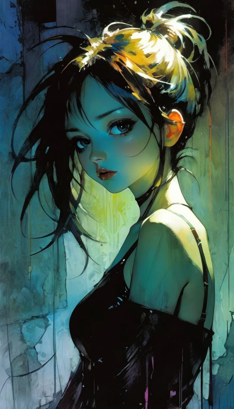 Image resolution 1024px Alice ribbon light blue white, light line, image resolution 1024px, Kawaii, cute, long hair, pretty, anime, sexy, pastel, neon, eroticism, sexy, black and white image, between shadows, oil painting, chiaroscuro, sensual, dramatic lighting, moody atmosphere, photorealistic, intricate details, masterpiece, ultra-detailed, high quality, 8k, best quality, realistic, cinematic, dark and brooding, expressionistic, powerful composition, emotional impact, art inspired by Bill Sienkiewicz and Dave Mckean

