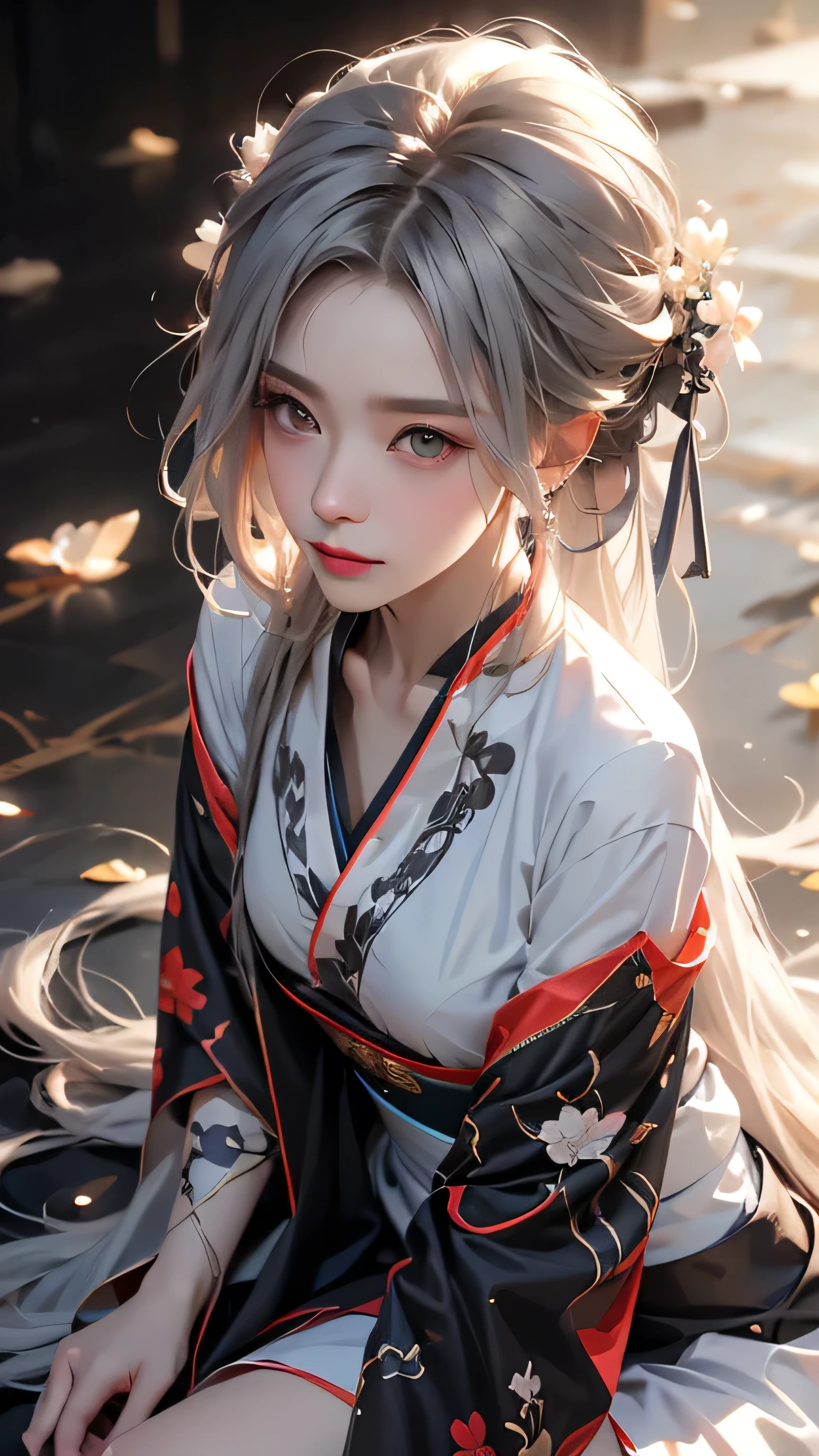 ((Above the knee images:1.3))super high quality, masterpiece, Perfect illustration, Very detailed (Exquisite light and dark, Very dramatic photo,Backlight) , ((Gray Hair:1.5))1 girl,(( Alone:1.6)), (Wearing Hanfu, Black Hanfu,Monotony,Long sleeve、Gorgeous costumes、Highly decorated Hanfu) flower畑, flower, (white smoke:1.3) (Realistic:1.4), Zen Intertwining, [    "Intertwined, official art, unity 8k wallpaper, Very detailed, Beautiful and beautiful, masterpiece, Please redeem, (Dynamic Angle: 1.4), Glowing Skin, (Floating colorful flashes: 1) The most beautiful chaotic shape, elegant, Brutalist Design, Bright colors, Romantic Depth of Field Exotic_dance, half_naked、Let&#39;s expose our shoulders、Ample breasts、Great Cleavage、Dynamic pose、Backlight,((From the back))
