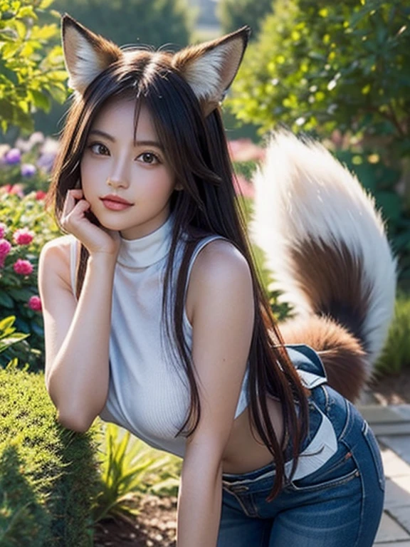 ((Highest quality)), ((masterpiece)), (Familiar), Perfect Face, fox lady, Pretty girl, Fox Ears, Fox tail, She has a northern fox tail, She wags her fluffy tail, fur collar, Beautiful hip line, Big , Thick thighs, A big tail growing out from under the skirt, Nice body, On all fours , Shyly staring at his tail, Only one tail, troubled face