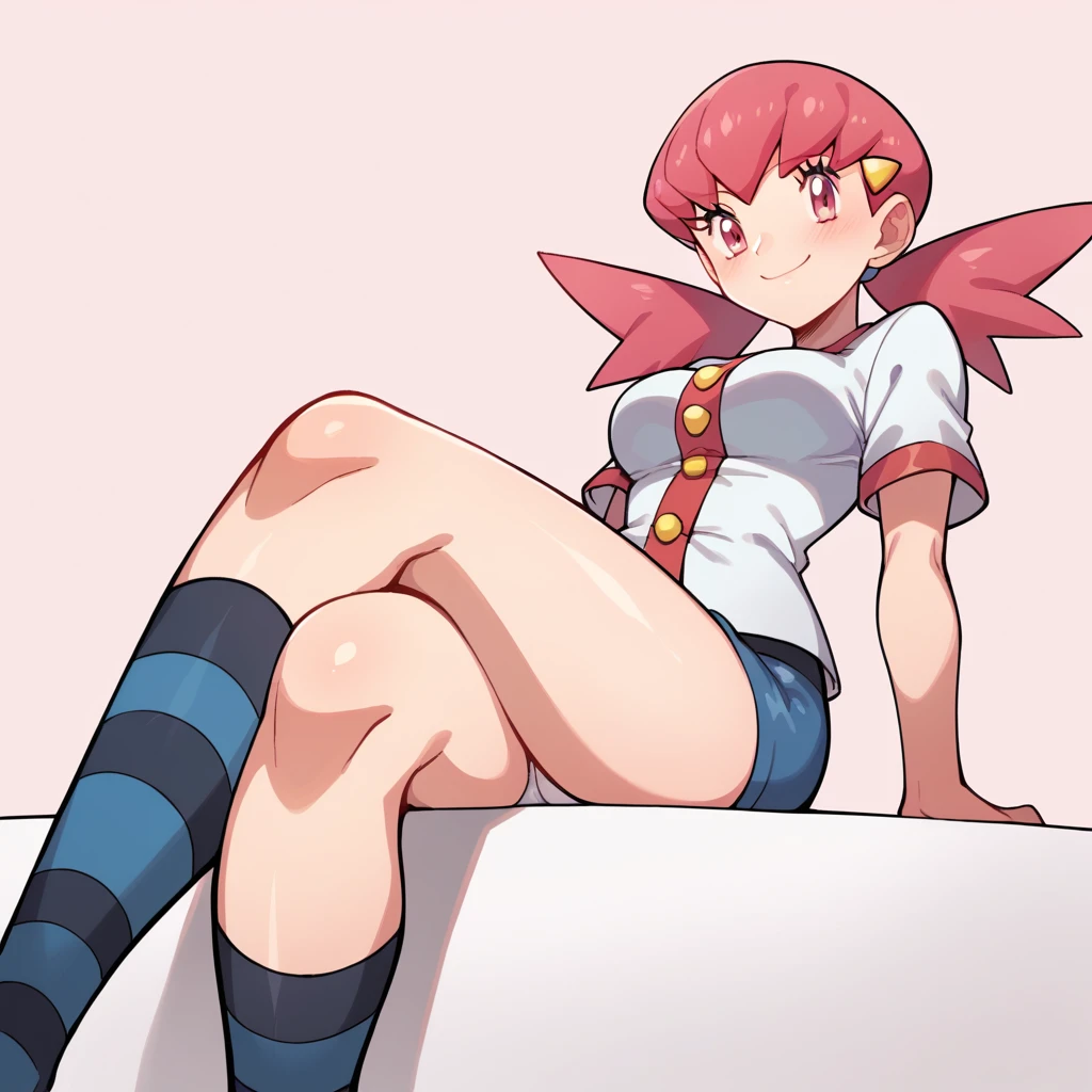 score_9, score_8_up, score_7_up, defwhitney, whitney \(pokemon\), 1girl, arm support, blush, smile, breasts, buttons, 3 bottons, crossed legs, eyelashes, hair ornament, hairclip, jacket, long hair, pink eyes, pink hair, short skirt, short sleeves, skirt, denim skirt, sitting, socks, solo, striped clothes, tight skirt, striped socks, twintails, white jacket, tick thighs, shiny skin, pink background, underwear, white underwear, perfect crossed legs, perfect legs, perfect thighs, perfect stripes,