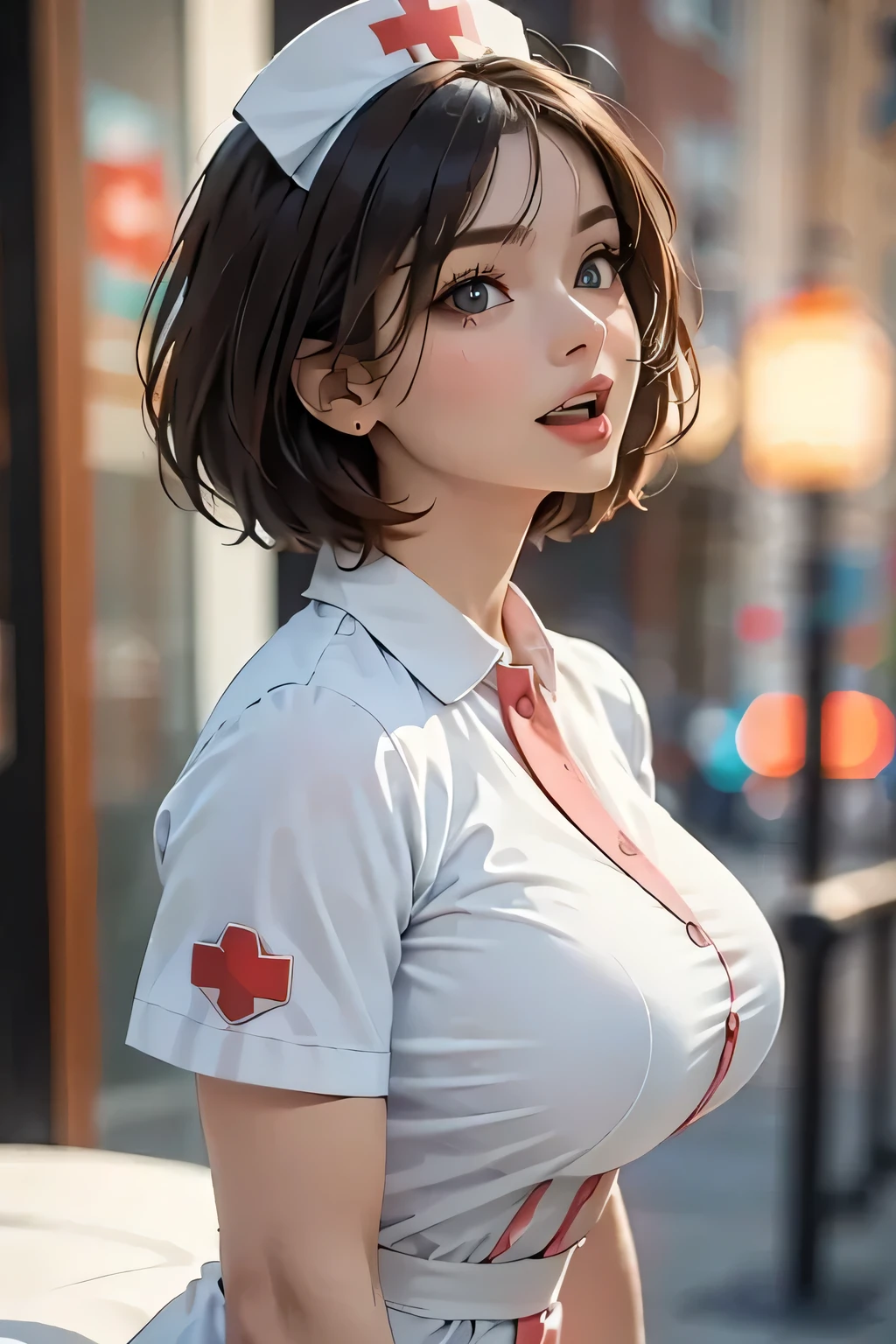 Female Nurse Painting, , (pink skin tone:0.9), look up, Eye contact, (Open your mouth wide:1.0), Muscular body, feminine, (Very big round breasts), Low cut nurse uniform, Beautiful Face, Fuller lips, Slim face, High cheekbones, Muscular, Glamorous Body, Vulgar