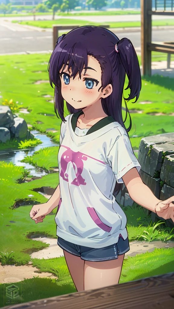 (One girl:1.1),(Non Non Biyori:1.1),countryside,Rice field,Soft sunlight,Side Up,(Purple Hair),((Boyish casual clothes:1.2)),((blushed:1.2)),((masterpiece,Best Quality,aesthetic:1.2)),((beautiful detail eyes:1.3)),Ultra High Resolution, Highly detailed wallpapers, whole body,(((evel smile:1.3))),(dynamic motion:1.2),(seductive),(Highschool students)