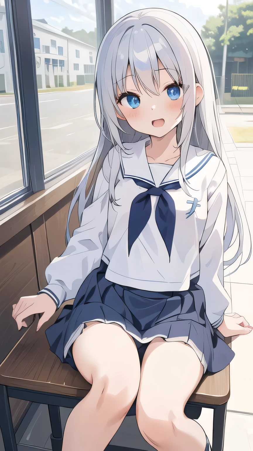 cute girl, アニメ, silver hair, straight hair, Blue eyes, (young:0.9), (small bust:0.5), (cute:1.3), (middle bust:0.8), (cute girl:1.2), cowboy shot, cute, side shot, (Smail:1.3), open mouth, backwards, (sit down:1.5), (white school uniform:1.6), (dark blue skirt:1.5), ローアングル, close eyes, (cross legs:1.4), (seduce:1.4)